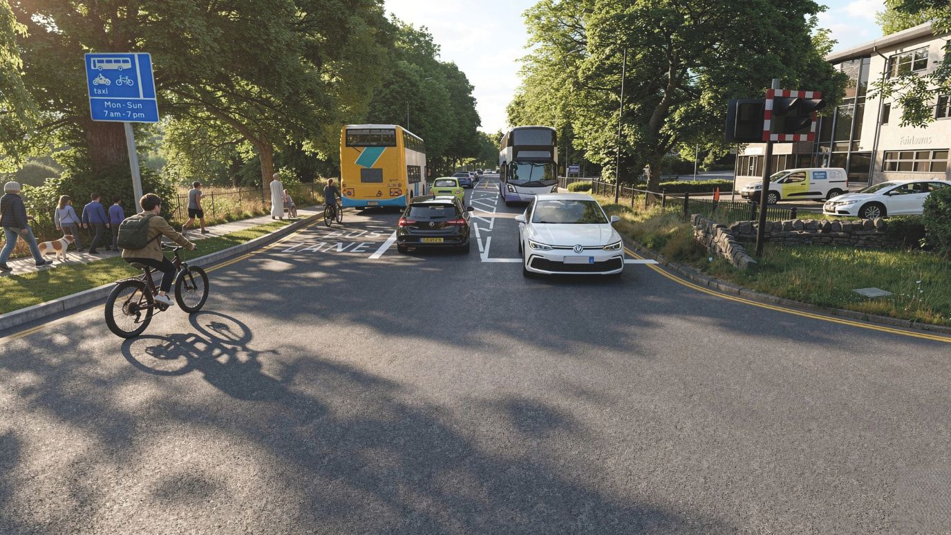 Artist impression of how Middlewood Road could look. Buses, cars and a person on a cycle are travelling through a junction, and people are walking and wheeling on the pavement. 