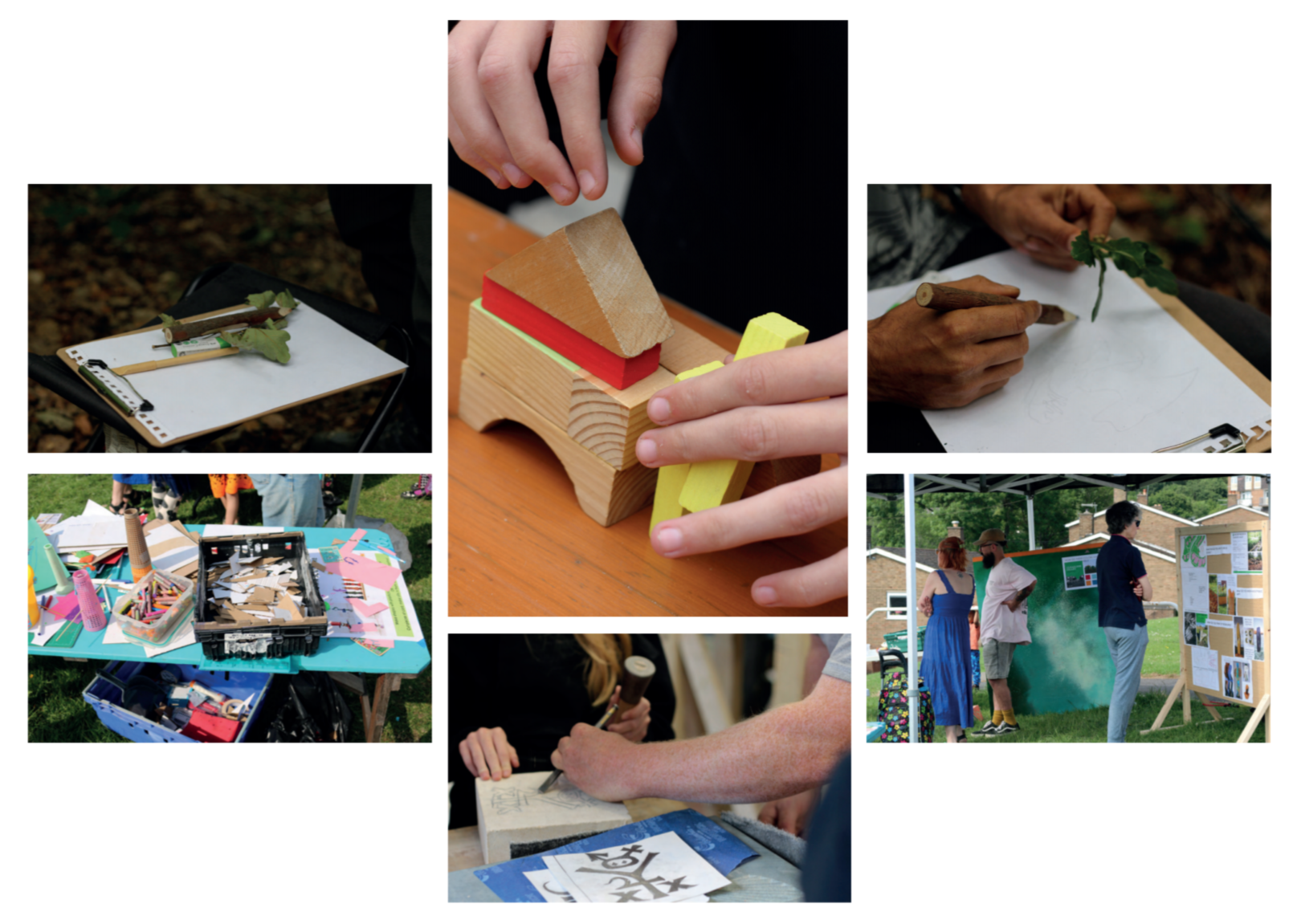 A group of 6 photos showing different art activities including someone building a tower with wooden building blocks, someone sketching a leaf onto paper attached to a clip board, and people perusing a gallery wall of sketches and designs.