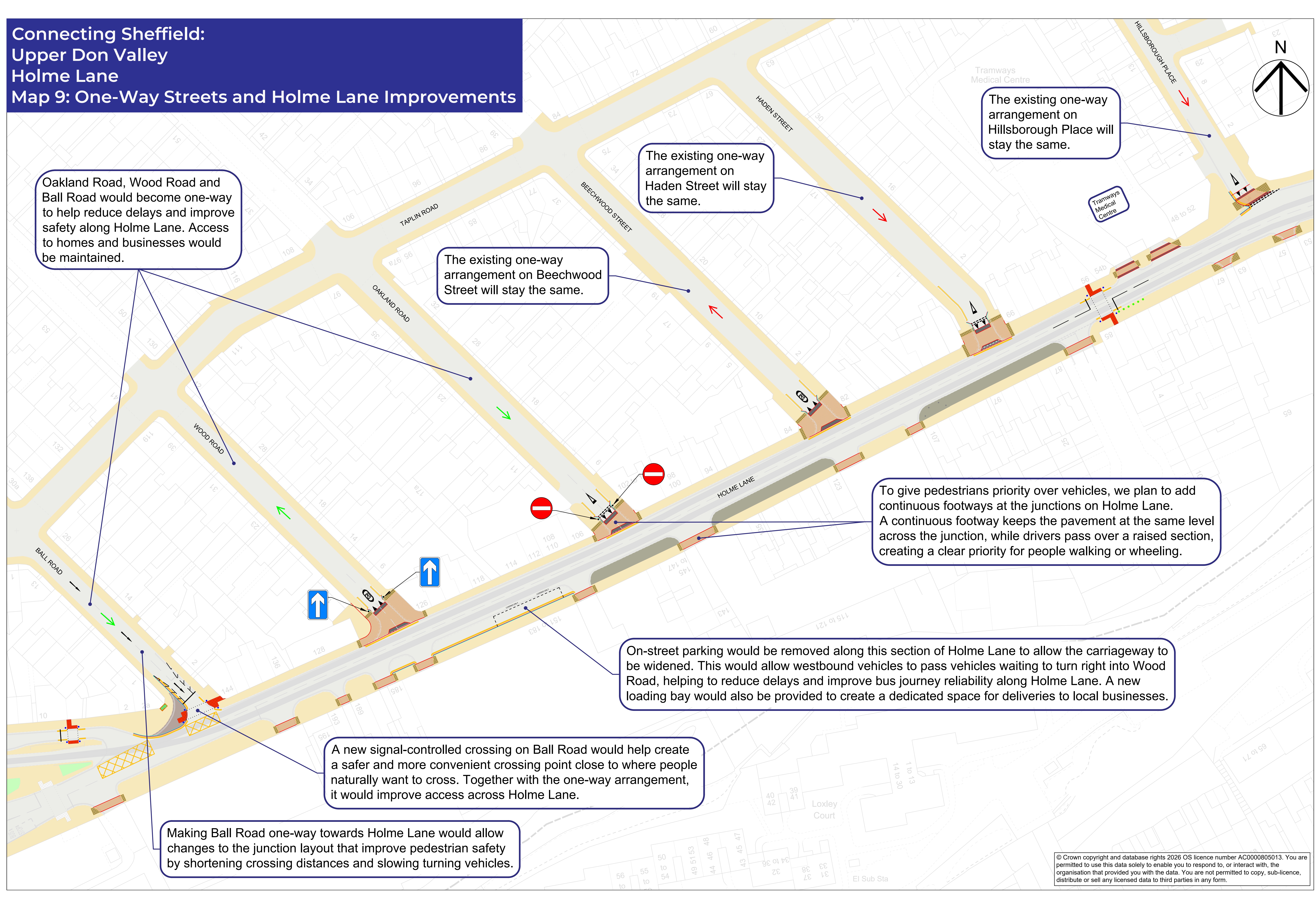 Map showing proposals for improvements at Holme Lane including one-way side streets, improved crossings, pedestrian priority and safety and accessibility improvements for people walking and wheeling