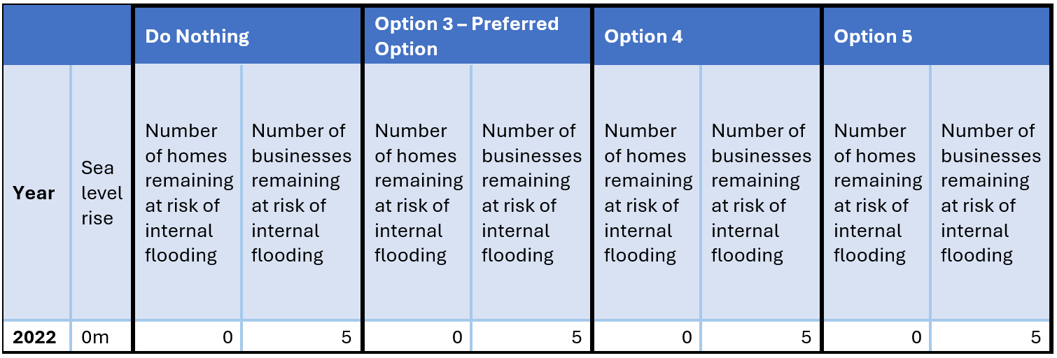 Table comparing the number of homes and businesses at risk of internal flooding under Do Nothing, Option 3, Option 4 and Option 5 for 2022
