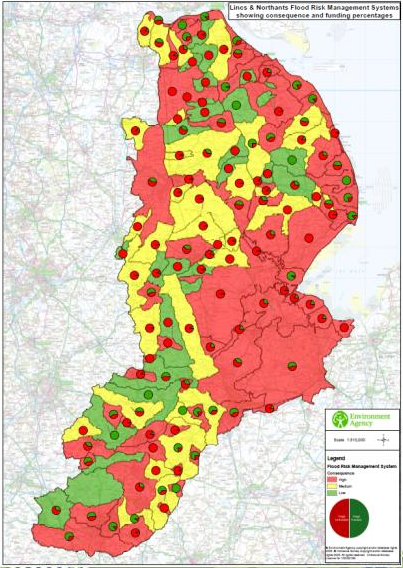This is an outline map of Lincolnshire and Northamptonshire. The map is segmented into Green, Amber, and Red sections. On each of the sections, there is a circle that may be green, red, or a mix of both. The legend in the bottom right hand corner explains that these are Flood Risk Management Systems. Red = high. Amber = Medium. Green = low. Underneathe this there is a large circle half green and half red. In the green side it says 'funded'. In the red side, it says 'not funded. 