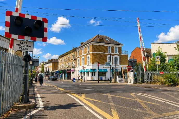 A photograph of the level crossing at Churchfield Road