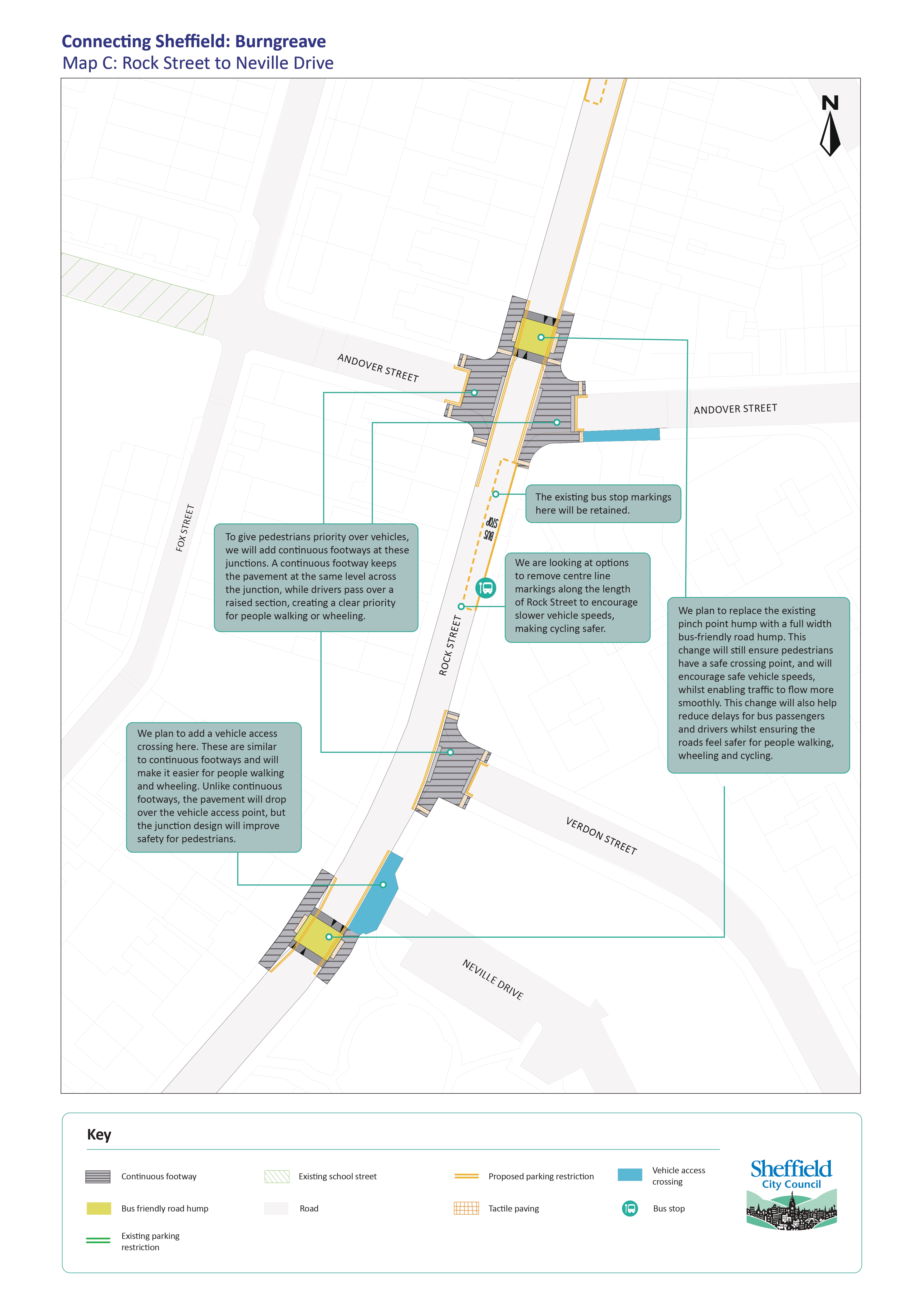 Map of locations for bus-friendly road humps, bus stop improvements and conitinous footways proposed from Rock Street to Neville Drive