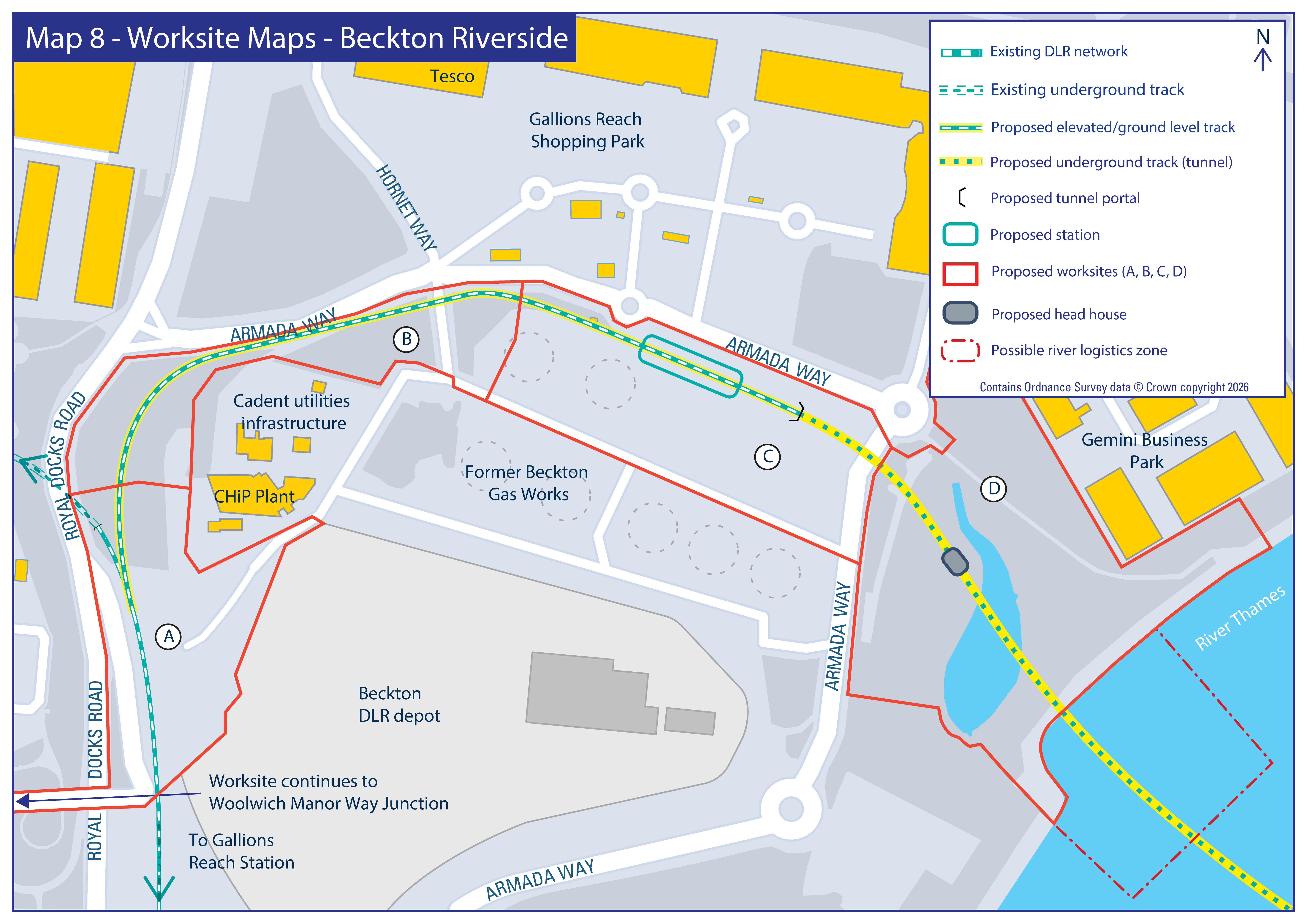 Map showing proposed worksites A–D and DLR route at Beckton Riverside