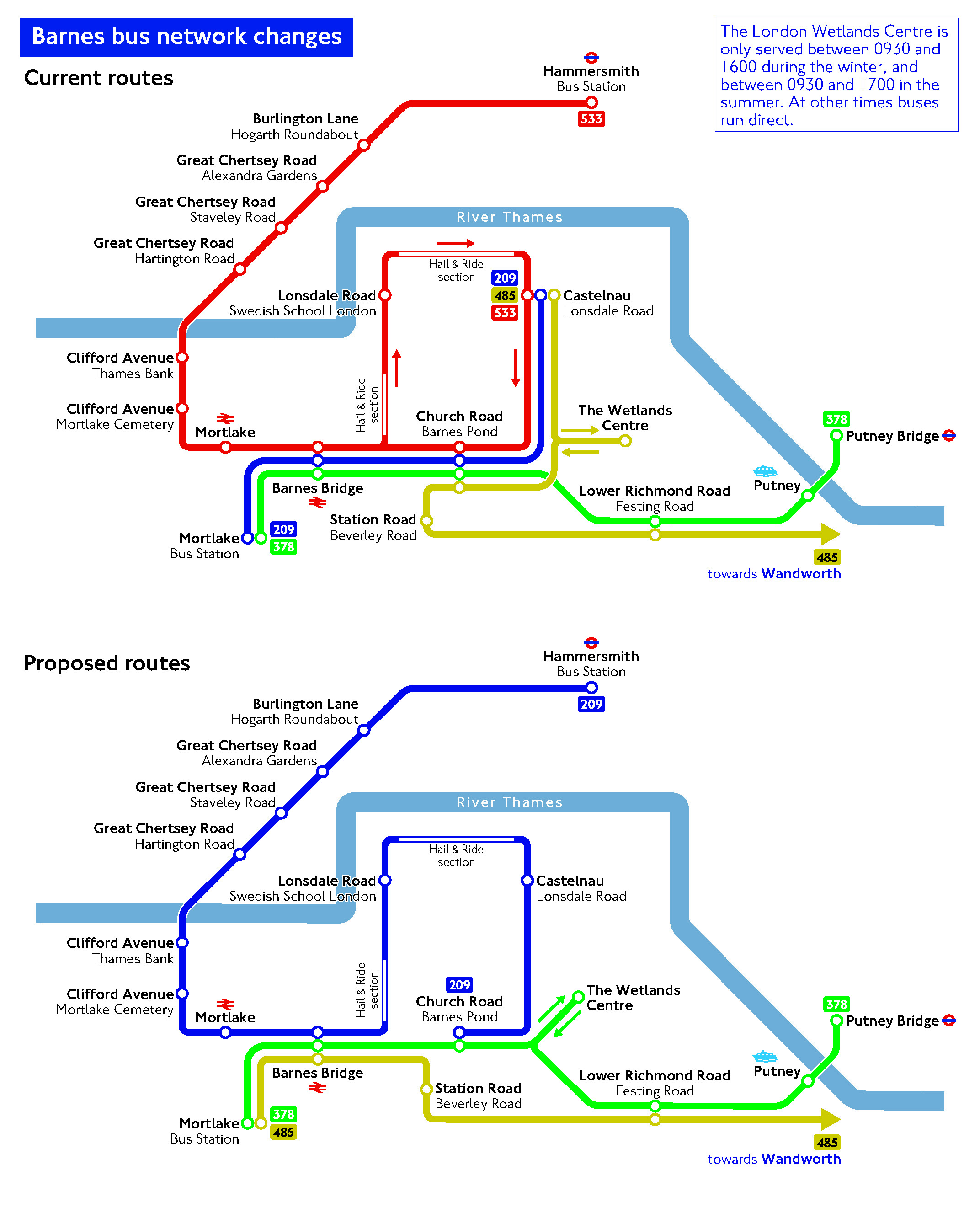Barnes bus network changes map for current and proposed routes