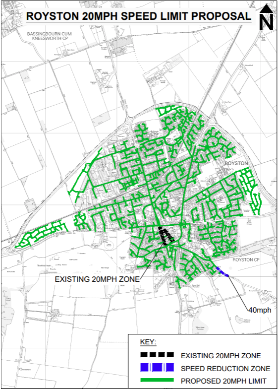 Map showing Royston 20mph speed limit proposal in full.