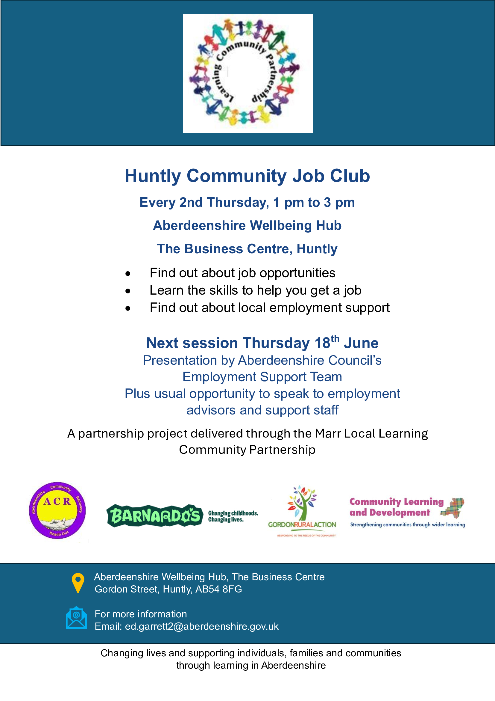 Huntly Community Job Club Poster. See text for details