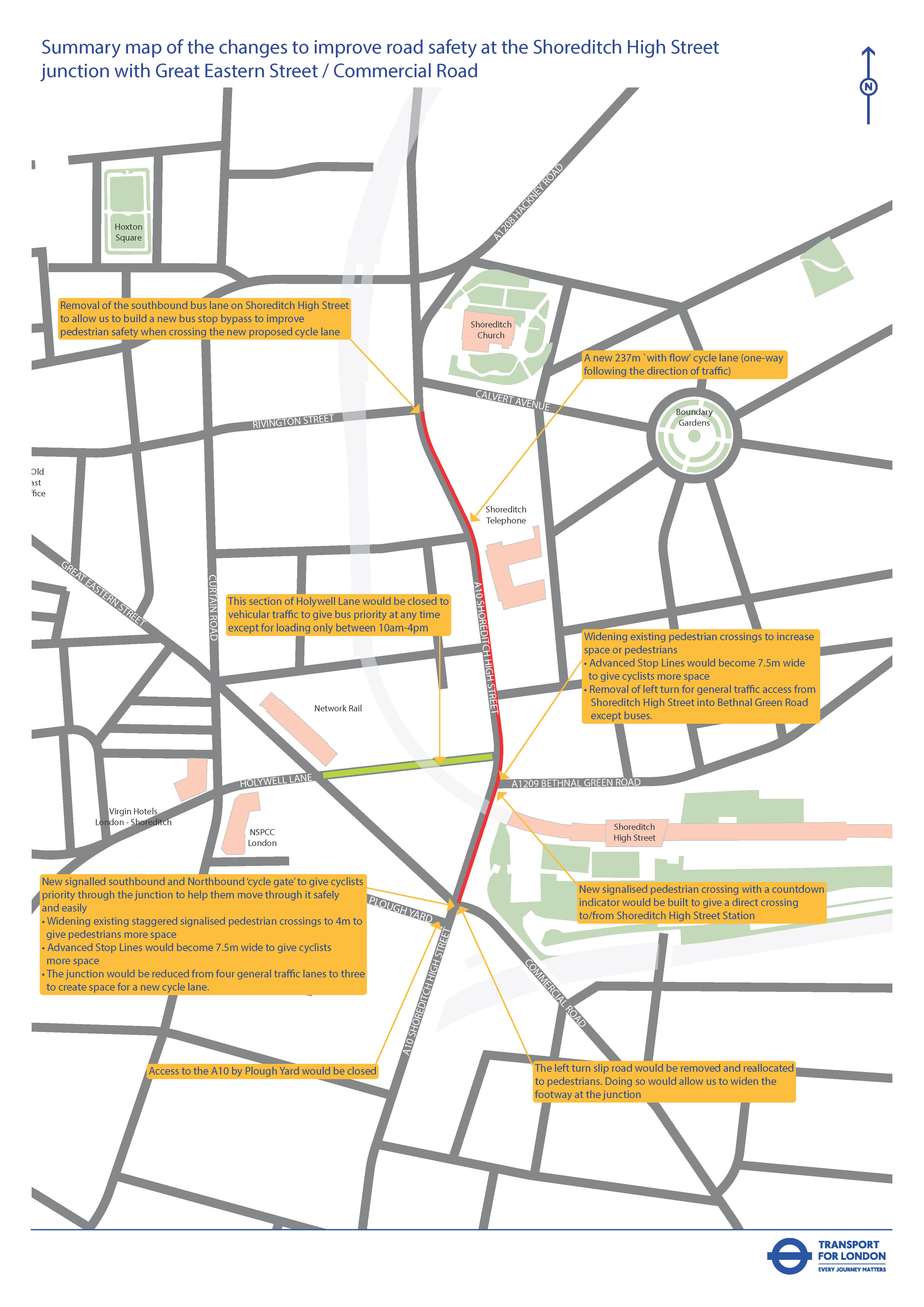 Summary map of the changes to improve road safety at the Shoreditch High Street junction with Great Eastern Street / Commercial Road