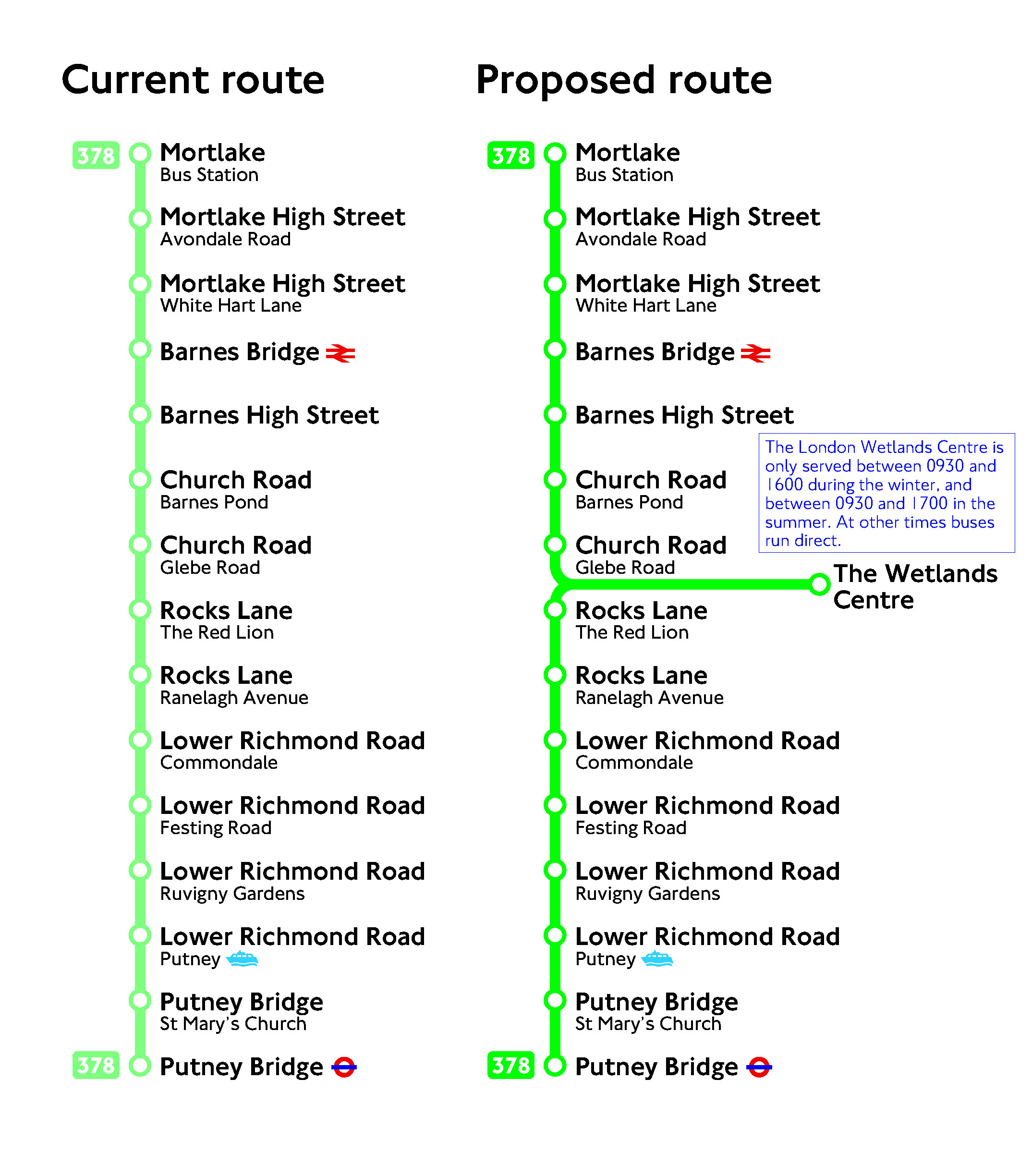 Linear map showing current and proposed bus route 378