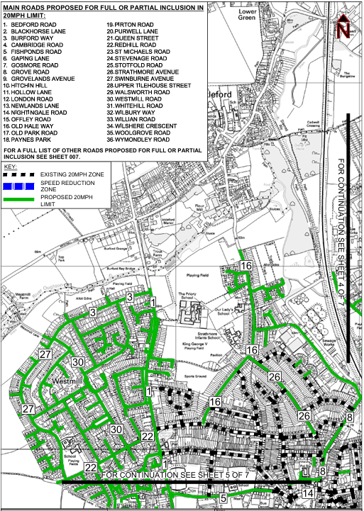 Map showing the 20mph speed limit proposal in North West Hitchin
