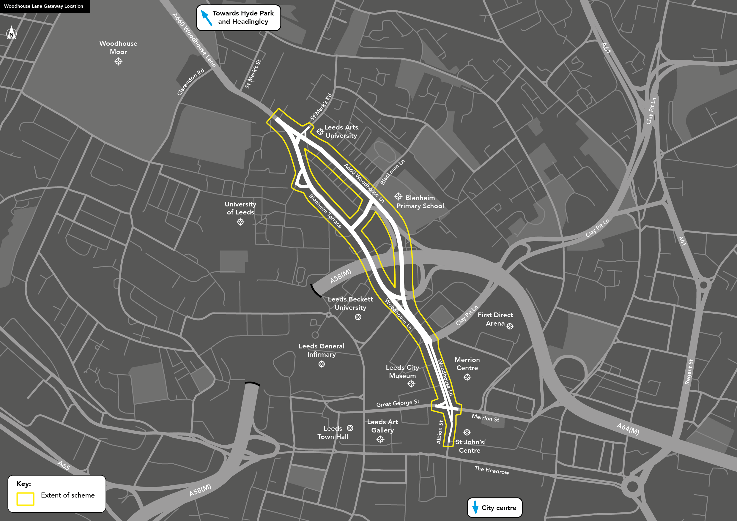 A grayscale map of Leeds city centre and Woodhouse with a yellow boundary highlighting the area covered by this scheme - running from the city centre along woodhouse lane towards Woodhouse moor