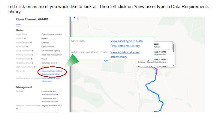 There is a white page with a map of the UK in the background. There is panel to the left and a red circle around an option. There is a panel is 'blown up' in the middle to clearly show the link 'View asset type in Data Requirements'.  Library.