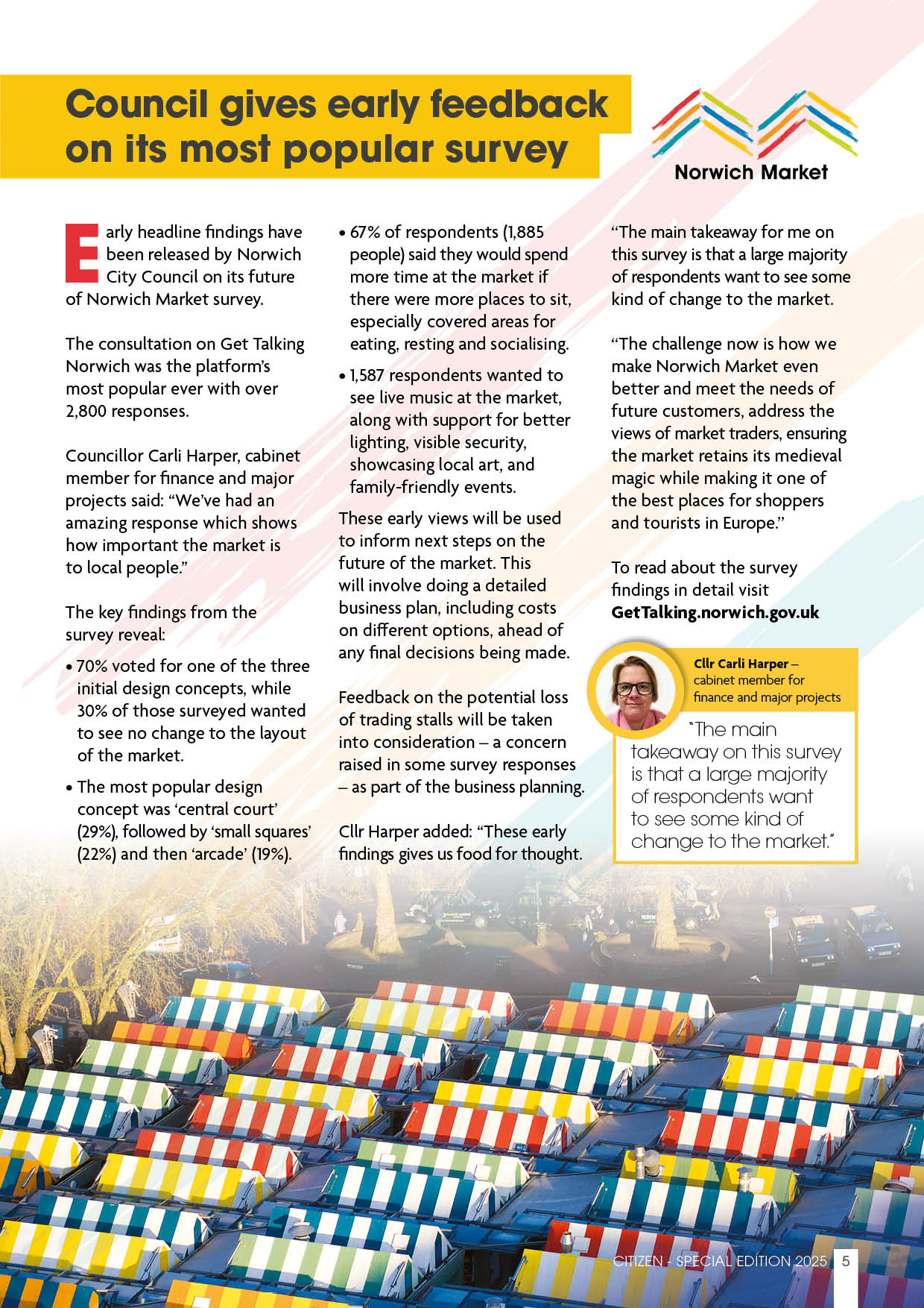 Council gives early feedback on its most popular survey Early headline findings have been released by Norwich City Council on its future of Norwich Market survey.  The consultation on Get Talking Norwich was the platform’s most popular ever with over 2,800 responses.  Councillor Carli Harper, cabinet member for finance and major projects said: “We’ve had an amazing response which shows how important the market is to local people.”  The key findings from the survey reveal:  70% voted for one of the three initial design concepts, while 30% of those surveyed wanted to see no change to the layout of the market. The most popular design concept was ‘central court’ (29%), followed by ‘small squares’ (22%) and then ‘arcade’ (19%). 67% of respondents (1,885 people) said they would spend more time at the market if there were more places to sit, especially covered areas for eating, resting and socialising. 1,587 respondents wanted to see live music at the market, along with support for better lighting, visible security, showcasing local art, and family-friendly events. These early views will be used to inform next steps on the future of the market. This will involve doing a detailed business plan, including costs on different options, ahead of any final decisions being made.  Feedback on the potential loss of trading stalls will be taken into consideration – a concern raised in some survey responses – as part of the business planning.  “The main takeaway for me on this survey is that a large majority of respondents want to see some kind of change to the market.  “The challenge now is how we make Norwich Market even better and meet the needs of future customers, address the views of market traders, ensuring the market retains its medieval magic while making it one of the best places for shoppers and tourists in Europe.”  To read about the survey findings in detail visit GetTalking.norwich.gov.uk  Cllr Carli Harper – cabinet member for finance and major projects "The main takeaway on this survey is that a large majority of respondents want to see some kind of change to the market."