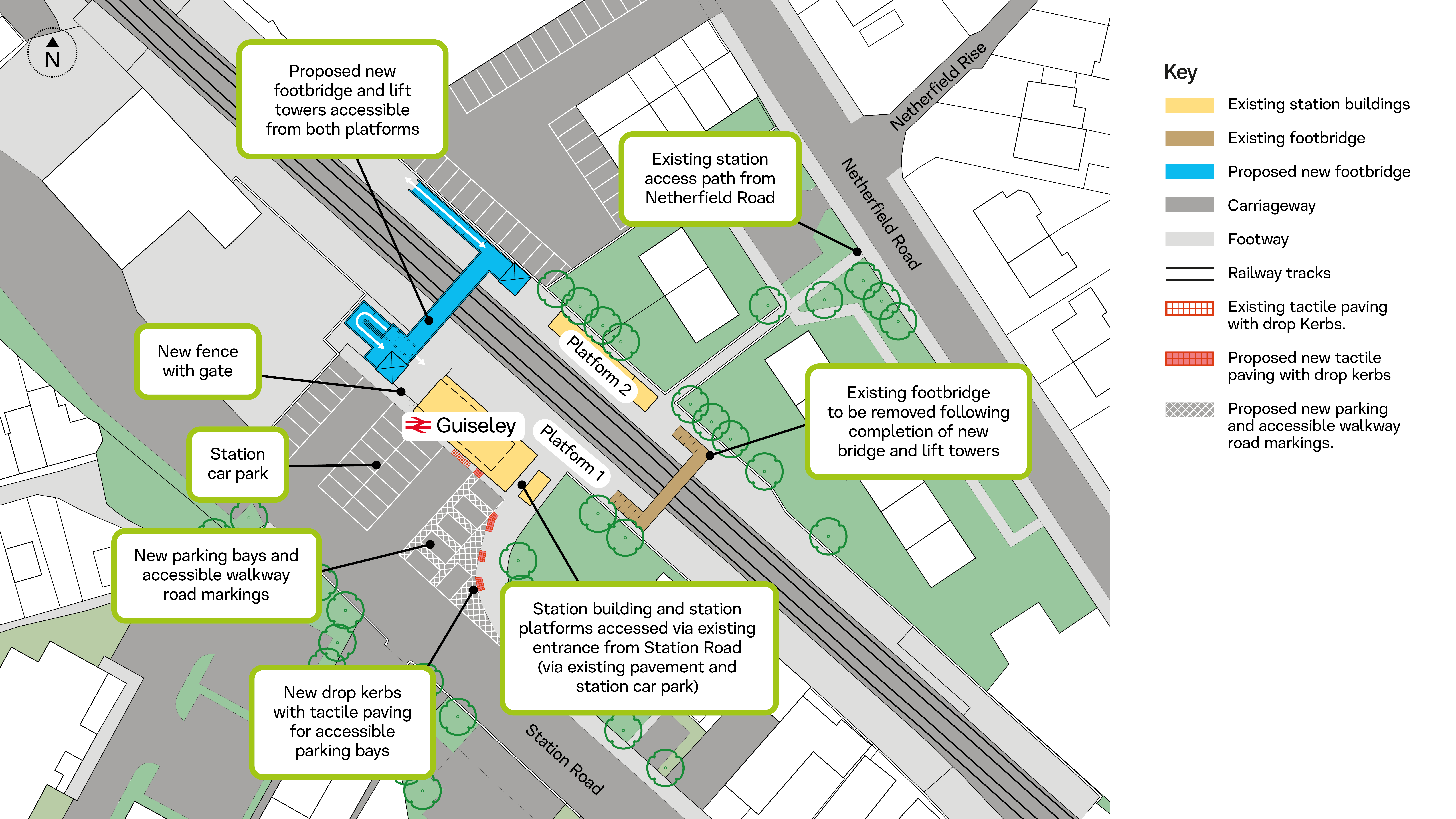 A plan of Guiseley station showing both the existing footbridge and the proposed new one. Also highlighted is the existing access from Netherfield Road and the proposed accessibility improvements to the Station Road carpark.