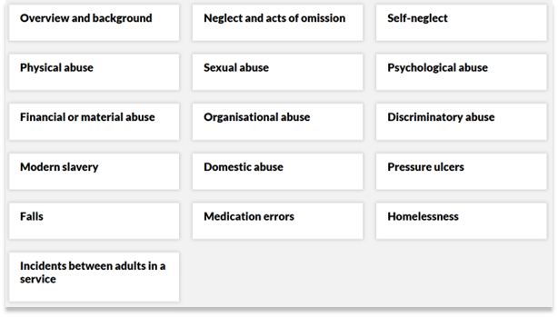 A view of the categories of safeguarding taken from the website