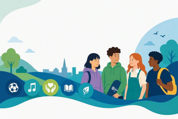 Animated image of four young people, with trees and cities in the background
