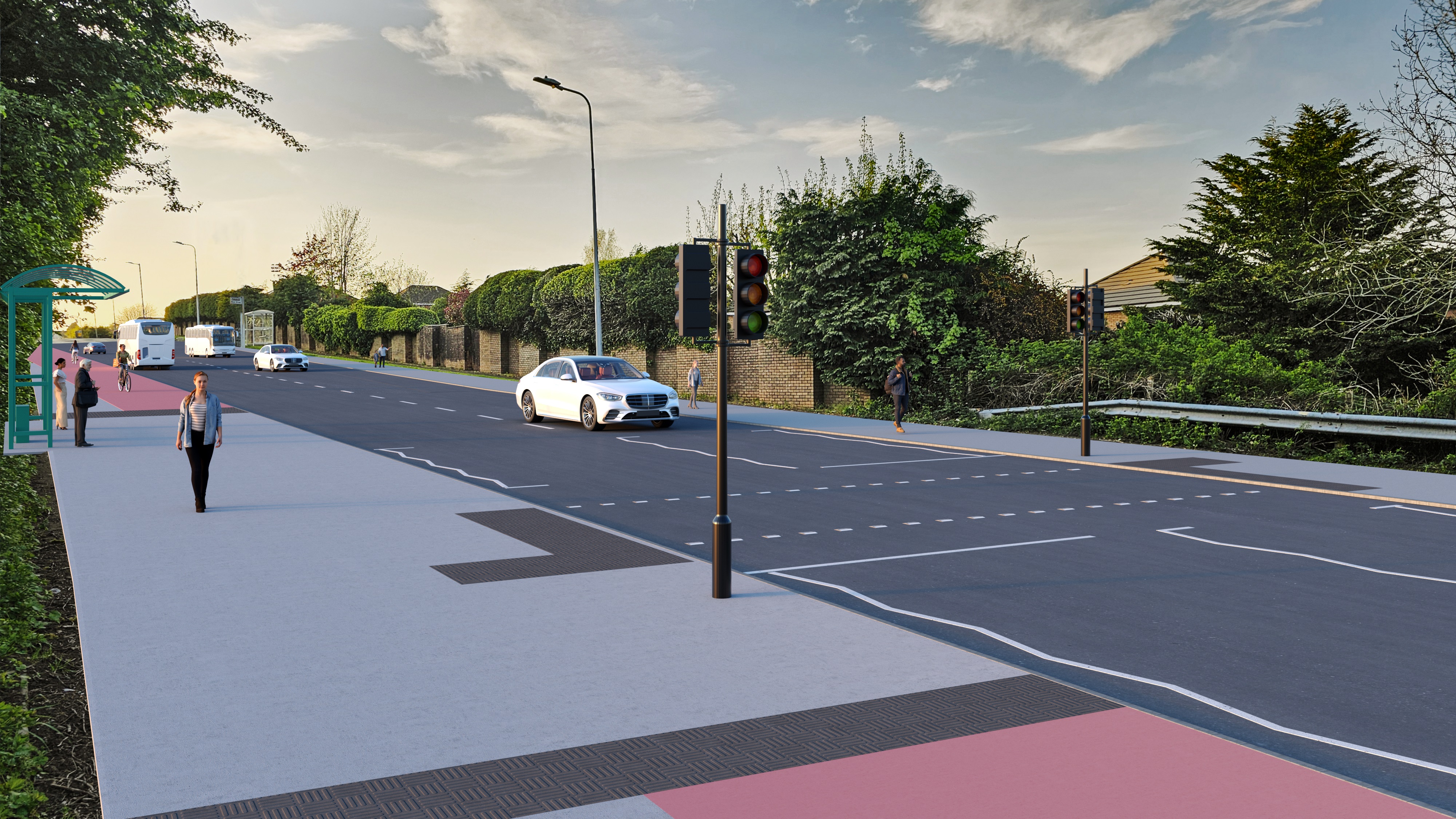 A computer-generated image showing a bus stop. The path at the bus stop is shared between people walking and cycling. The paths before and after the bus stop have separation between people walking and cycling.