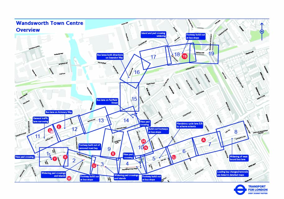 Wandsworth Town Centre map showing numbered survey areas, bus stops, routes, and key transport hubs