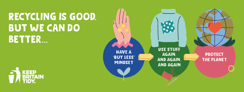 Image shows an image of horizontal flowchart with arrows from a hand, a jumper with thread and needle and the planet with a heart against a green background