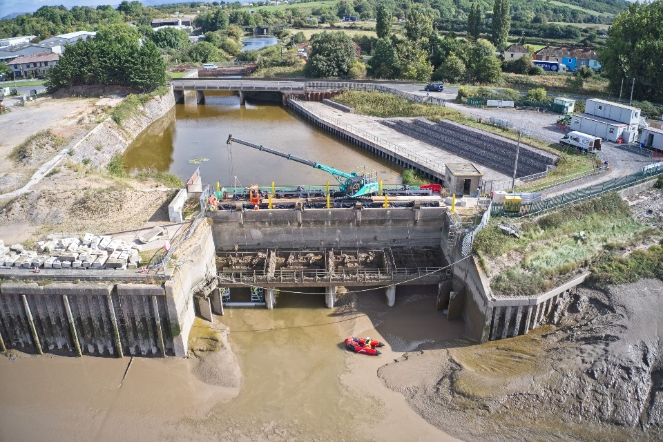 Aerial photo showing refurbishment construction works being carried out on Dunball Sluice
