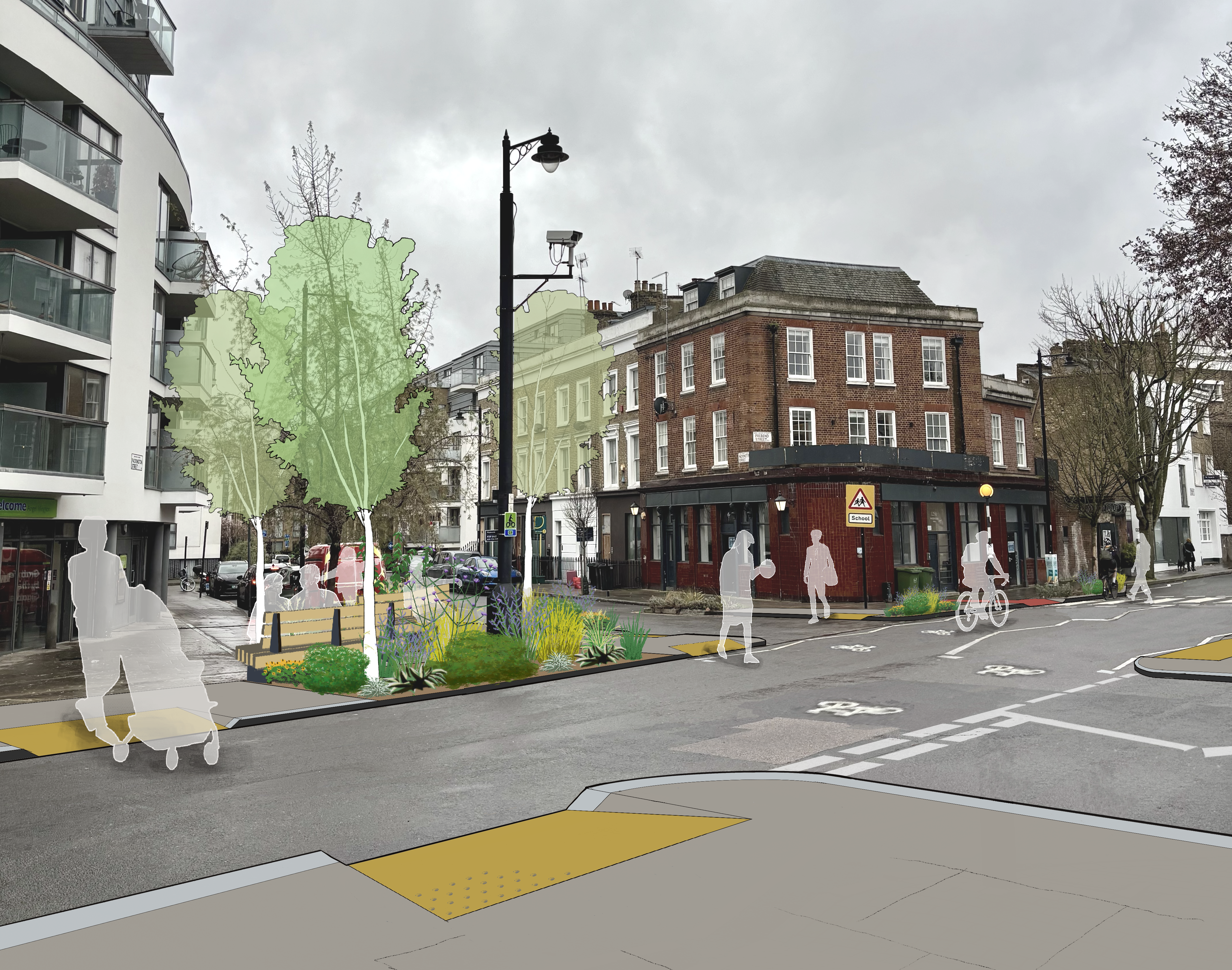 An artist's impression showing how the Packington Street/Prebend Street junction could look with the proposed improvements 