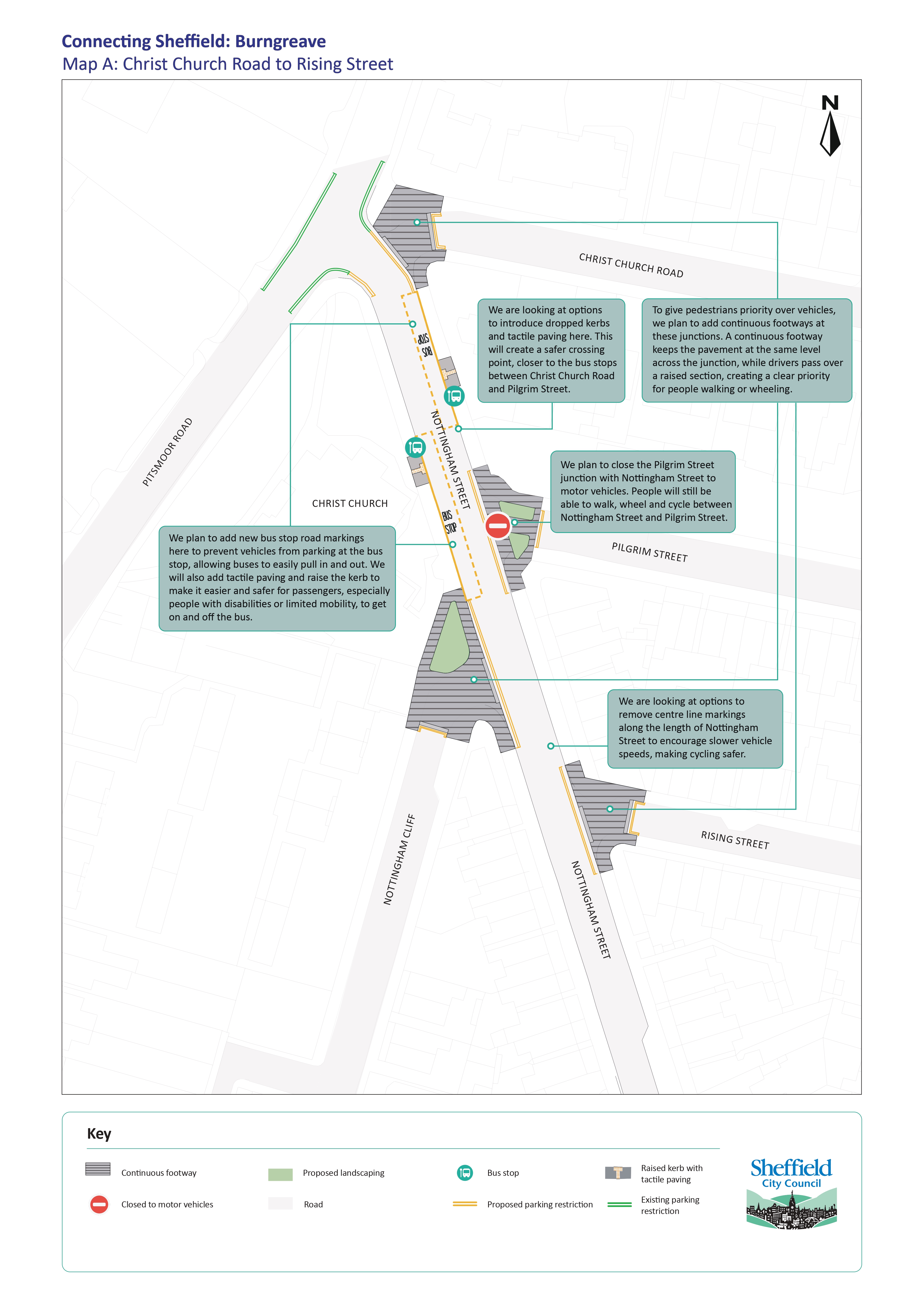 Map of where new bus stop improvements, continuous footways and junction closures are proposed from Christ Church Road to Rising Street