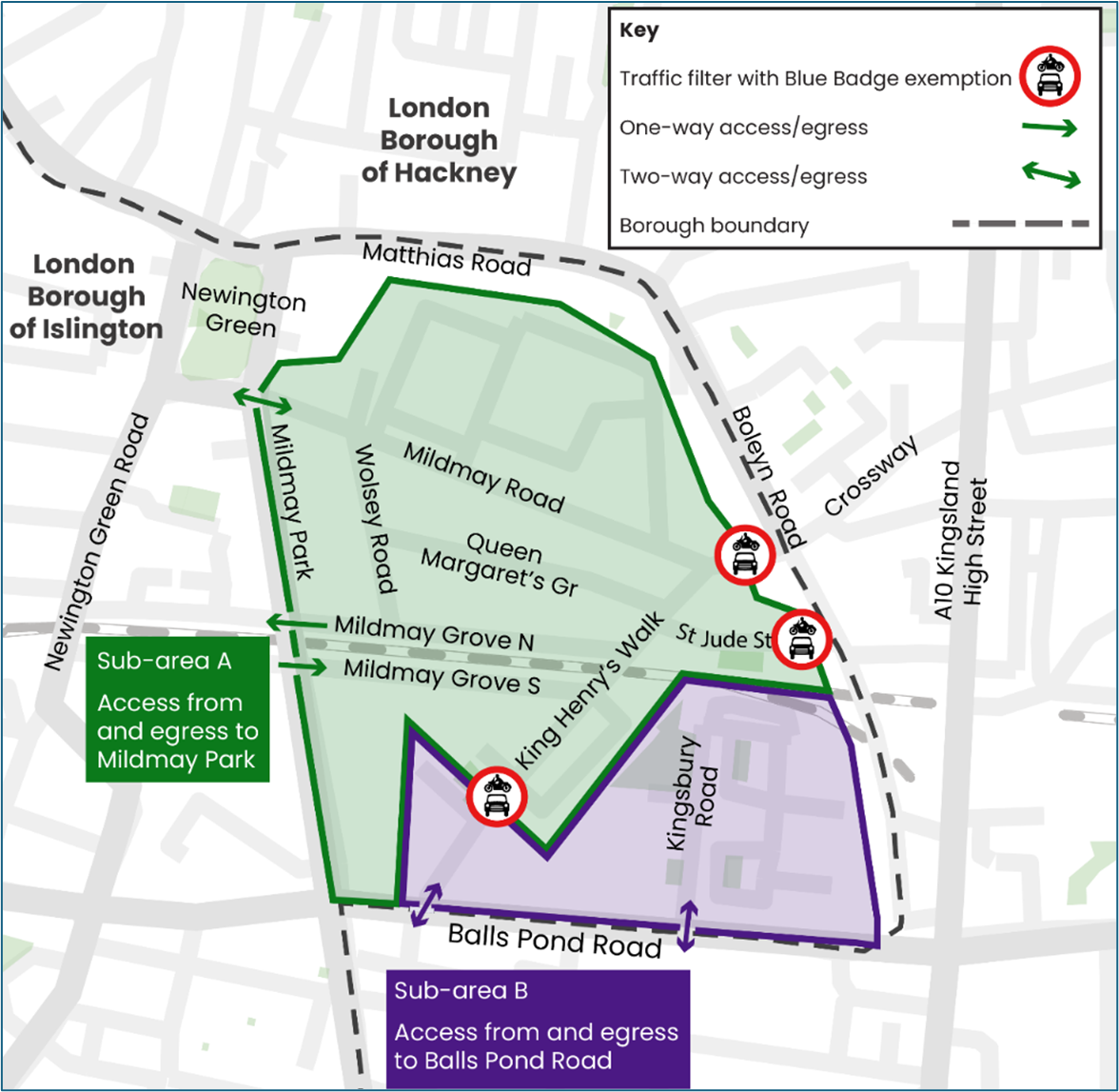 Map showing how to access addresses in the project area by motor vehicle after the traffic filters have been constructed