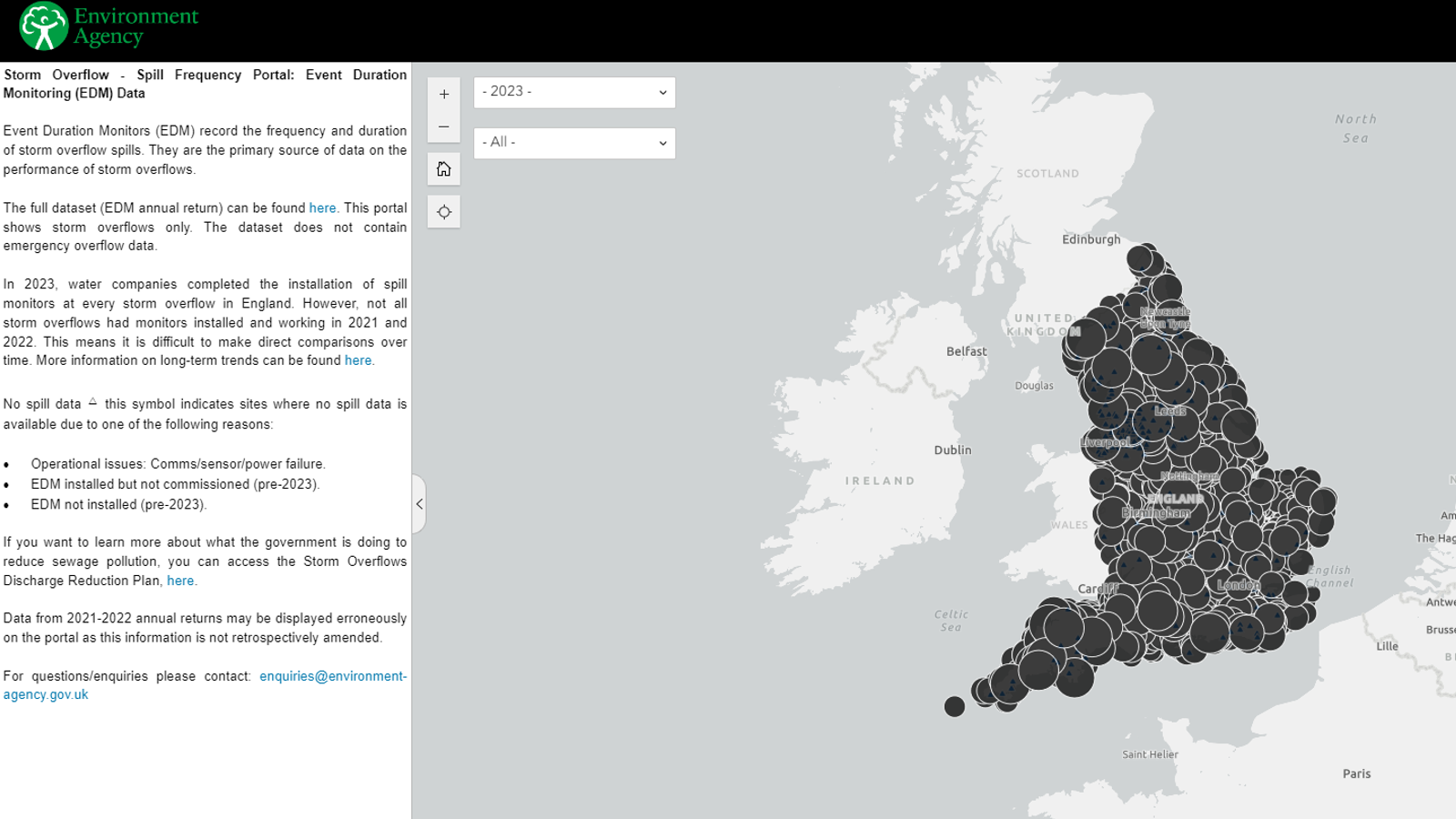 Map displaying storm overflow monitoring data across England, with circular markers indicating spill monitor locations and statuses.