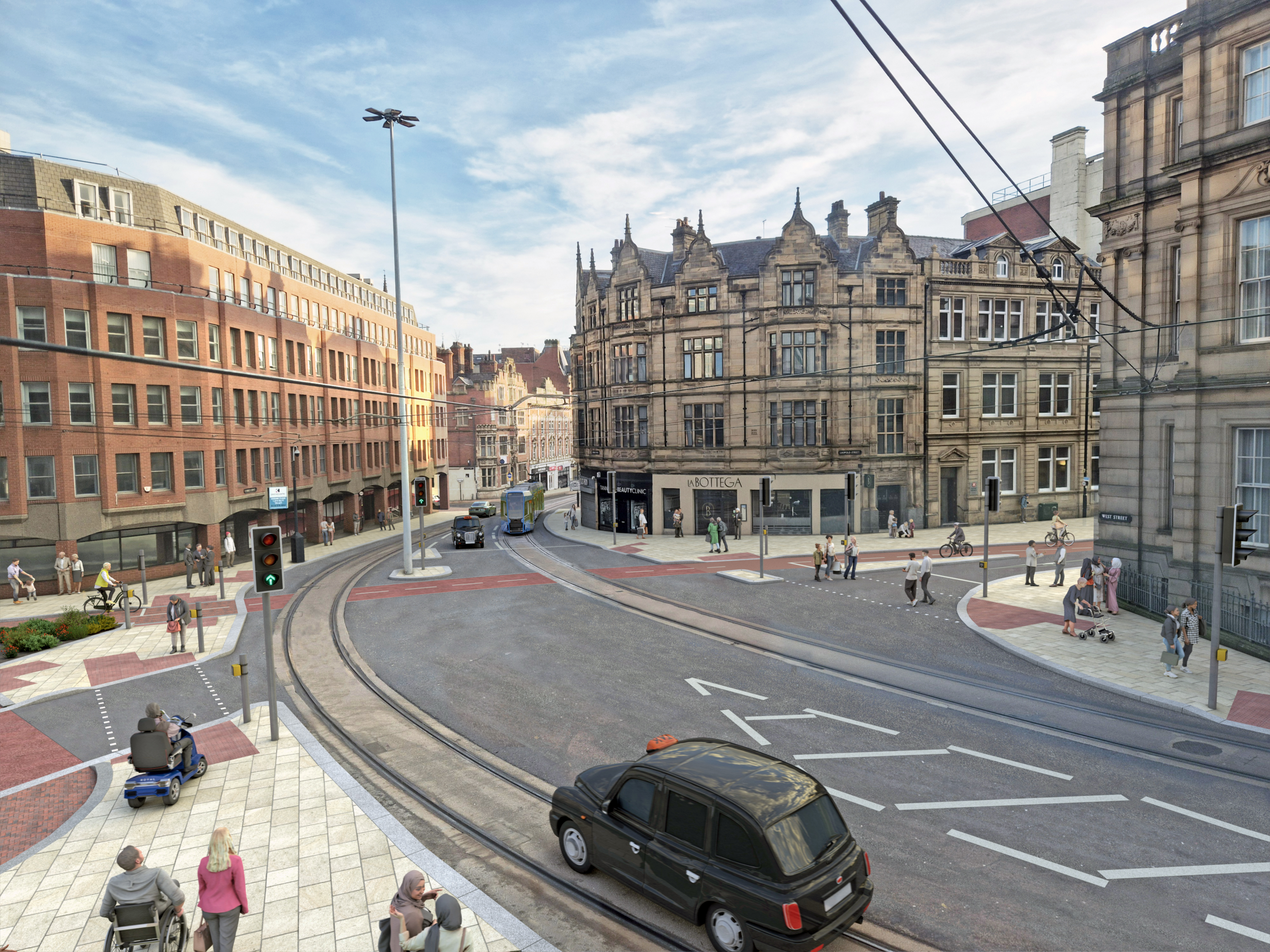 Artist's impression of the junction of Leopold Street, Townhead Street, West Street and Church Street. A red cycle route connects Townhead Street and Leopold Street, people are walking, wheeling and cycling and new planting can be seen at the top of Townhead Street