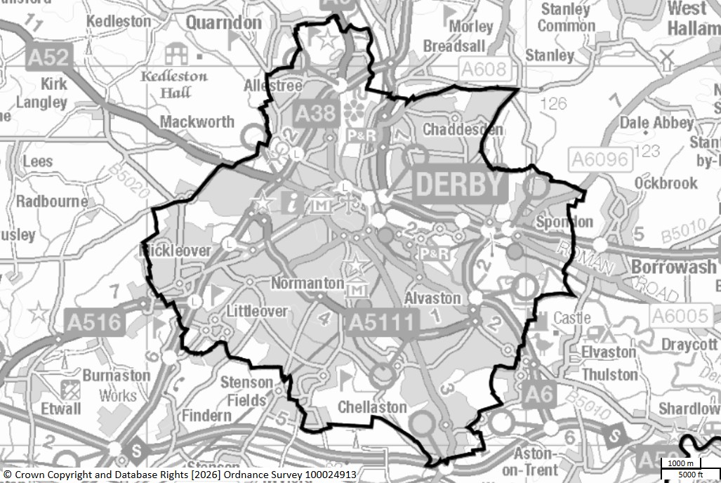 A map showing the extent of Derby City Council's administration area which would all be covered by the proposed PSPOs