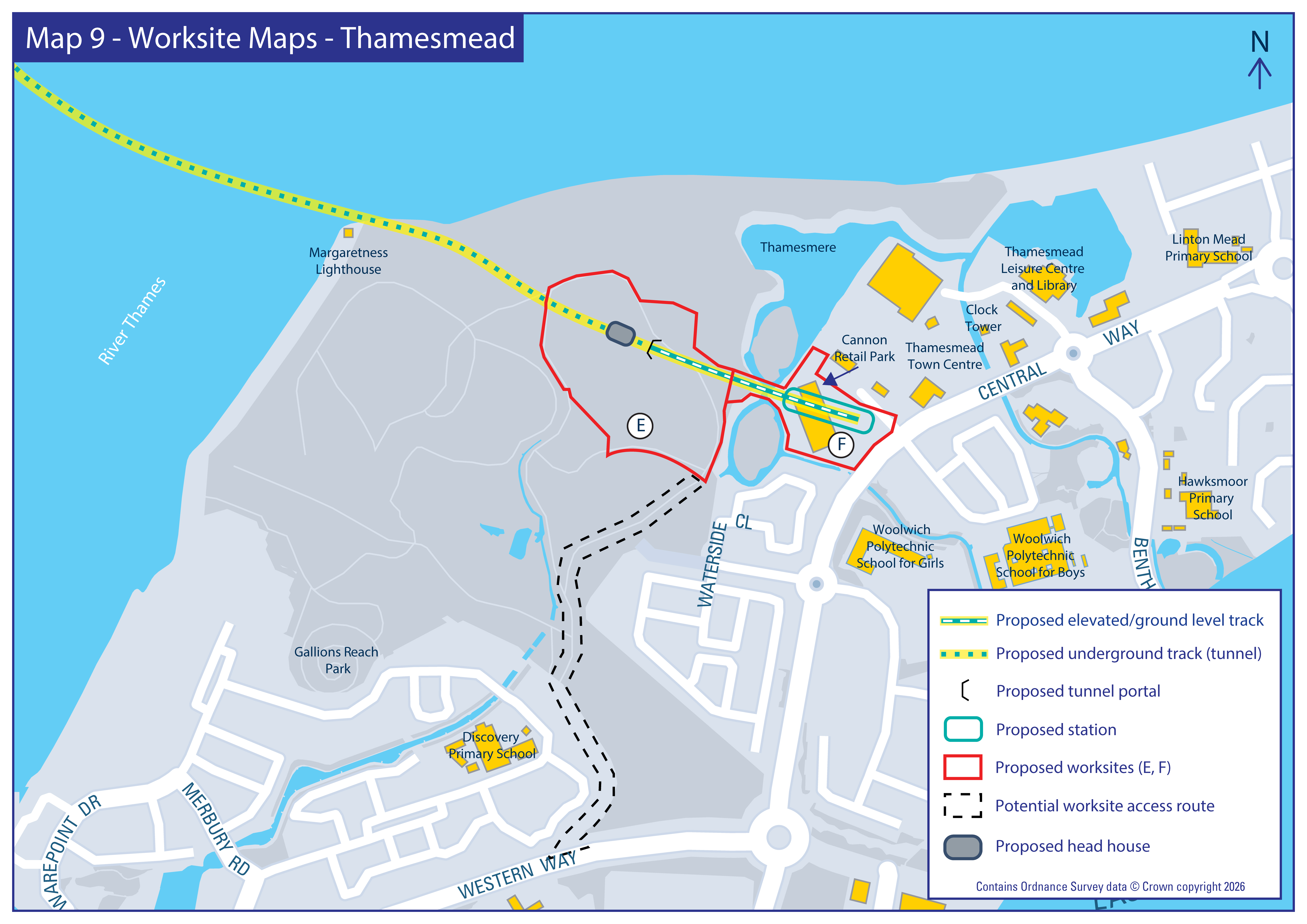 Map showing proposed worksites E and F and DLR route in Thamesmead