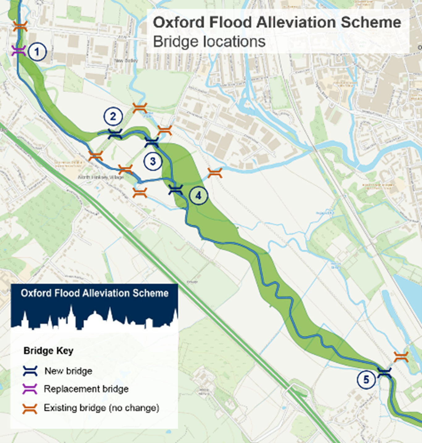 Map showing bridge locations around the Oxford Flood Alleviation Scheme route including new bridges, replacement bridges, and existing bridges (no change). The bridges are numbered as below.