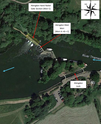 image showing location of the hand radial gates (weir C) and the walkway that require repairs