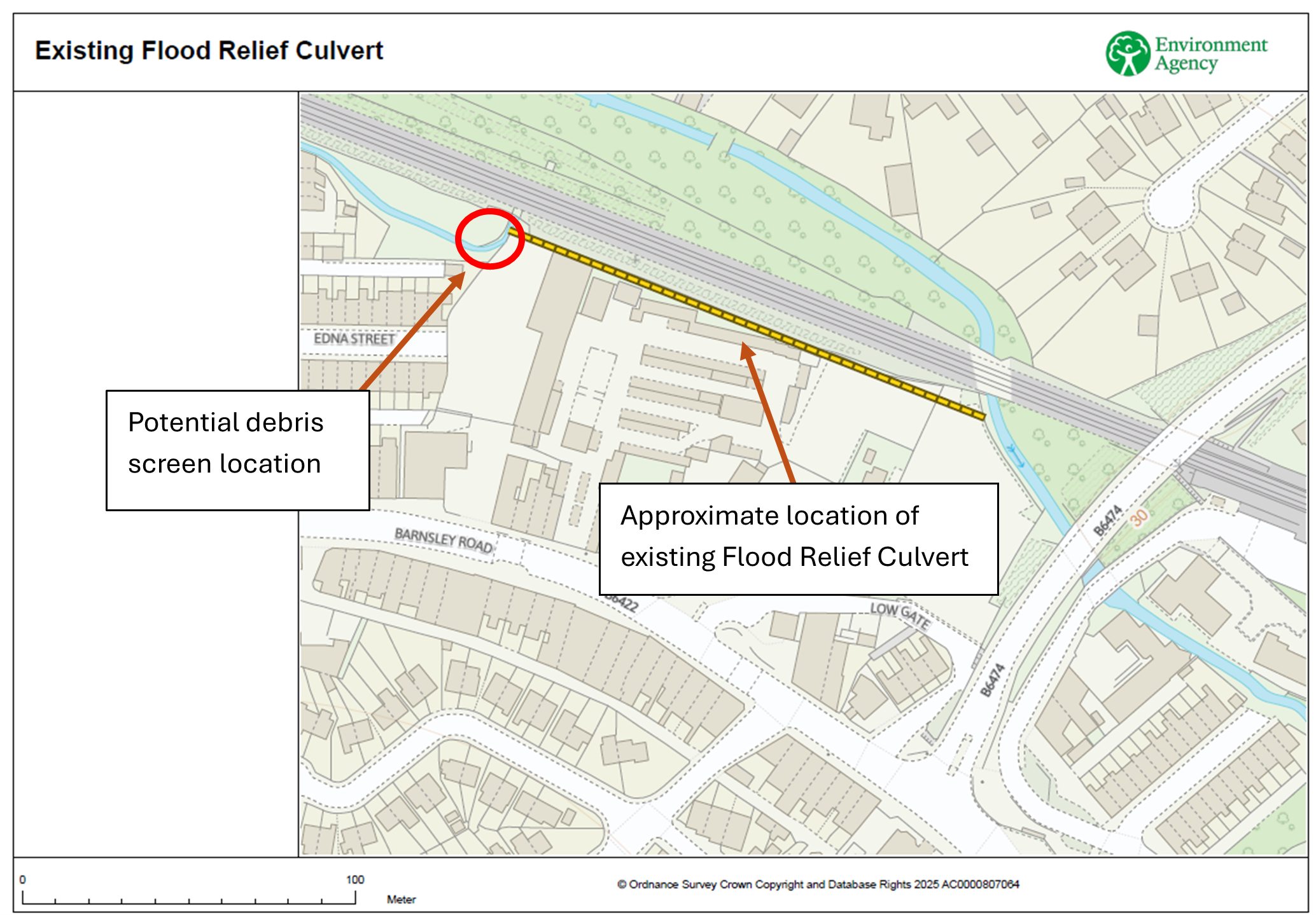Map showing locations of flood relief culvert and potential debris screen