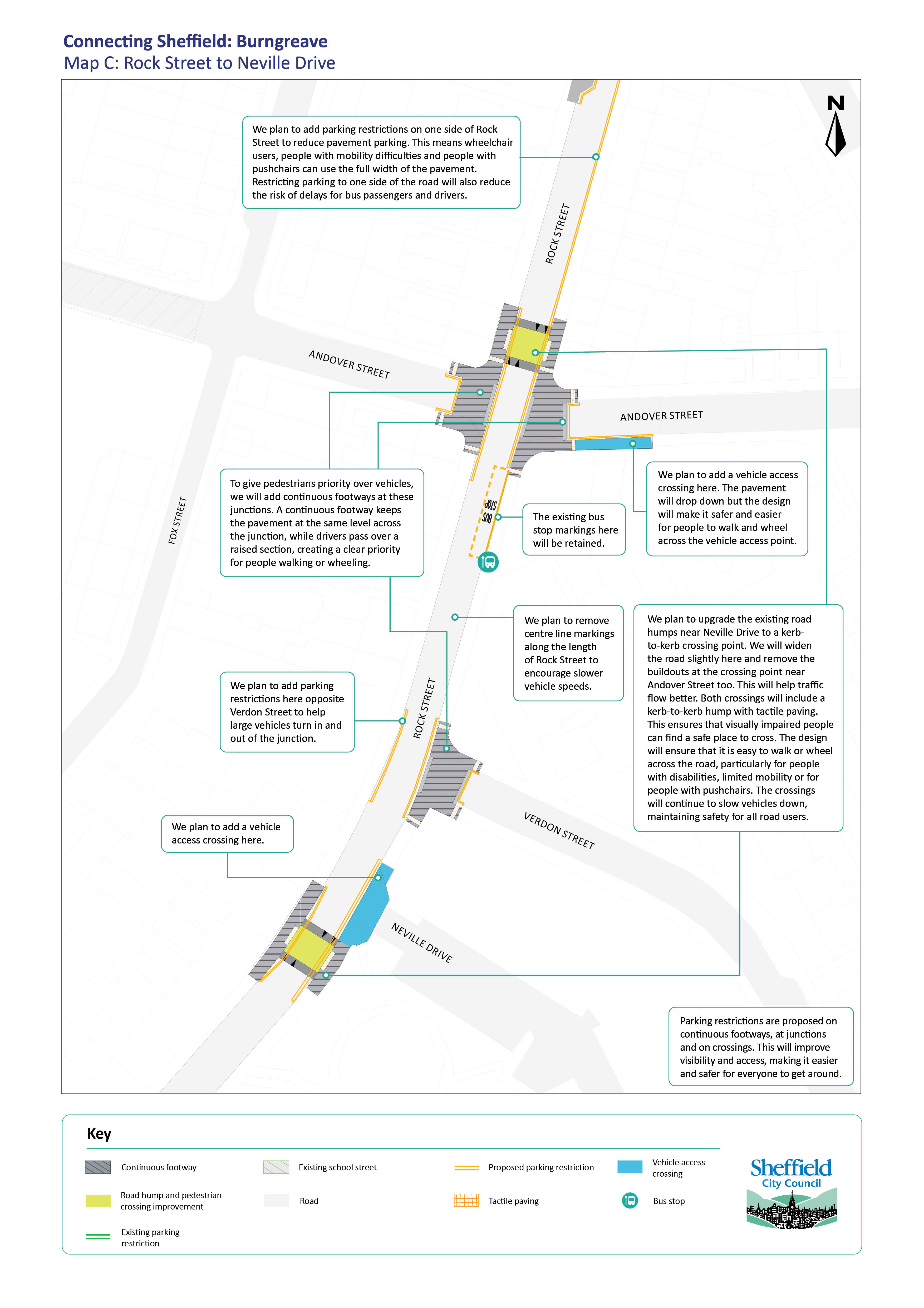 Map showing proposals for improvements in Burngreave between Rock Street and Neville Drive including continuous footways, improved road humps, improved vehicle access crossings and parking restrictions