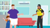Illustration of police officer, adult, and child in an office setting in front of a sofa