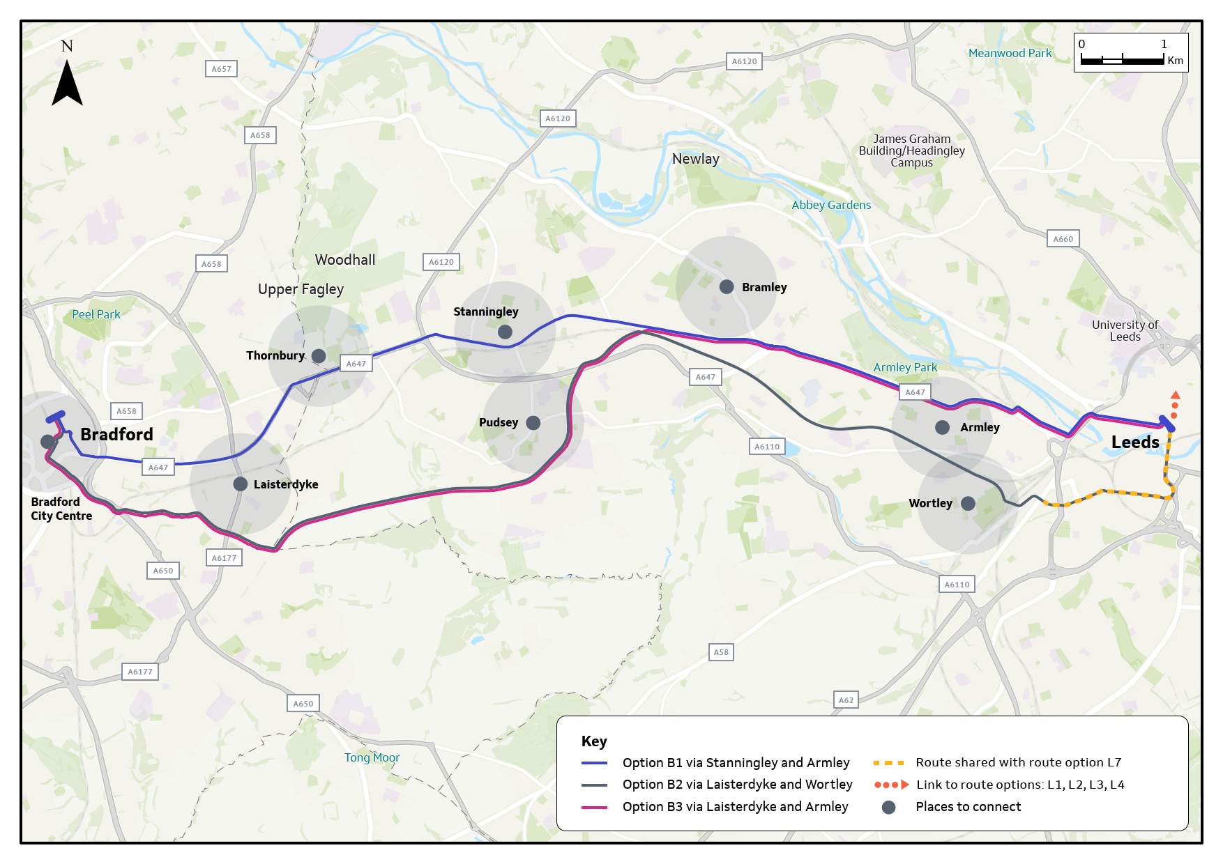 The above map shows the proposed route options for the Bradford Line. For maps showing the individual route options, please refer to the phase one route options consultation brochure.