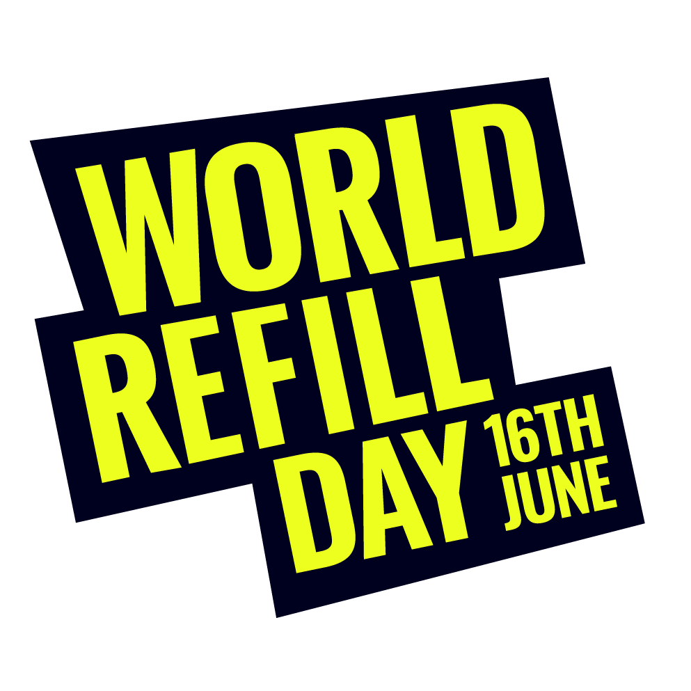 World Refill Day Logo in Yellow on Navy background . Text reads 'World Refill Day 16th June'.
