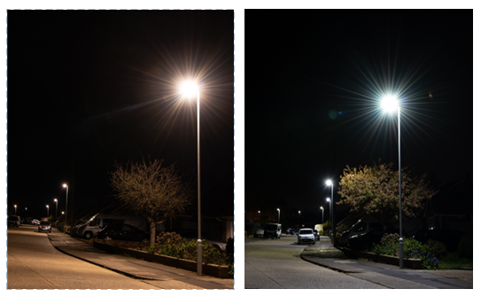 Streetlights before and after LED upgrade