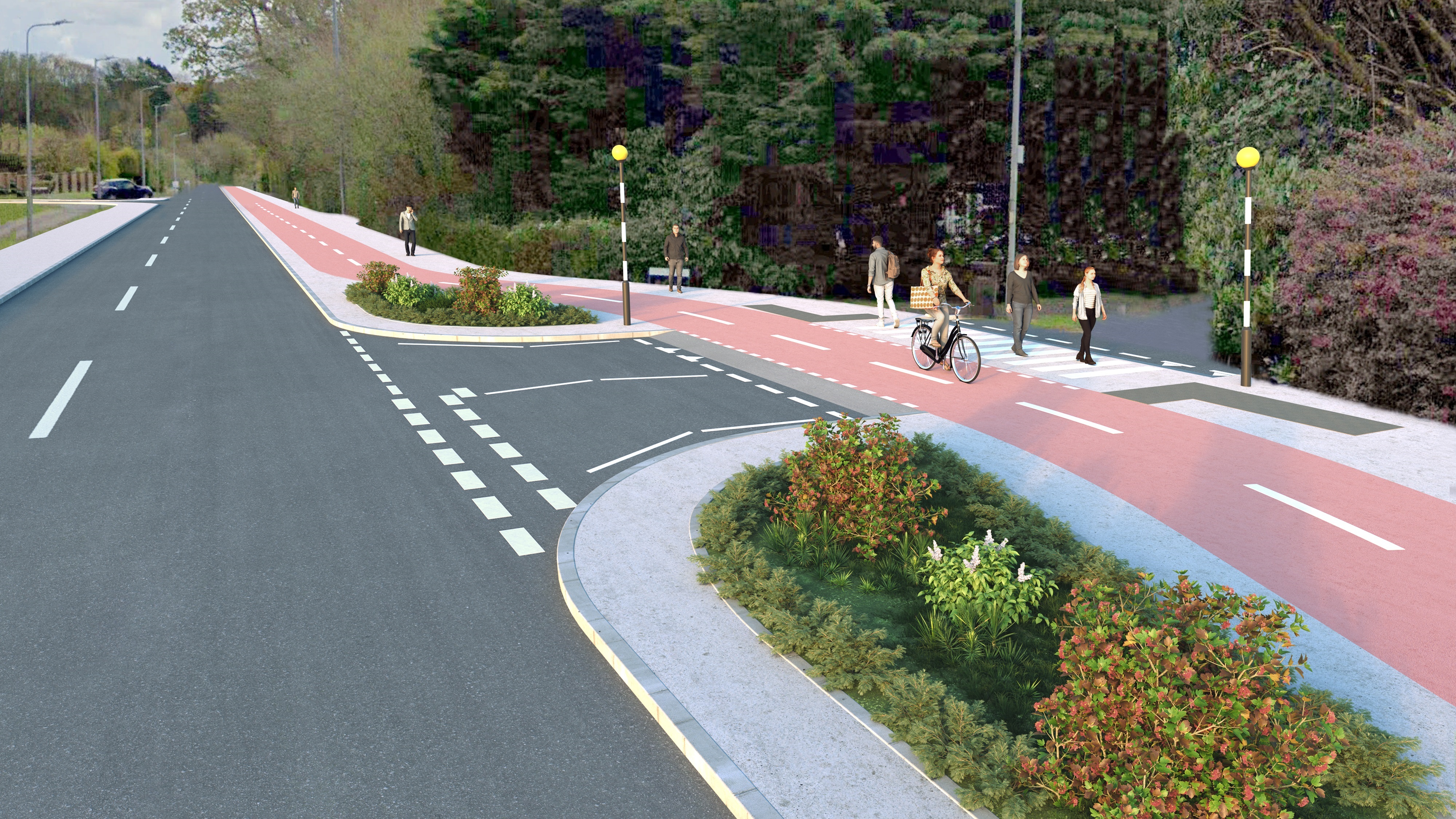 A computer-generated image showing a zebra crossing for pedestrians with a separate crossing for cyclists parallel to it.