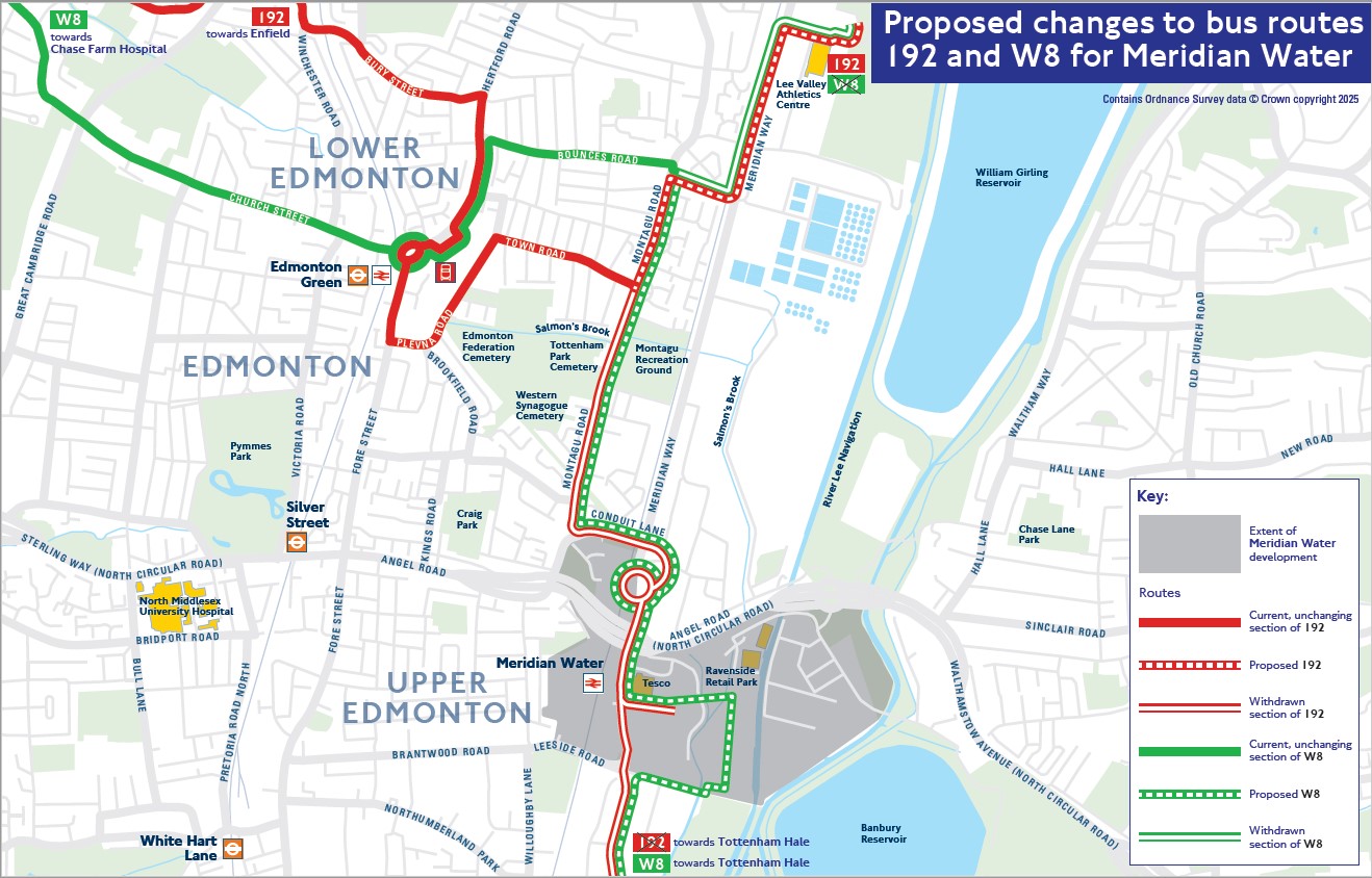 Map of proposed changes to routes W8 and 192