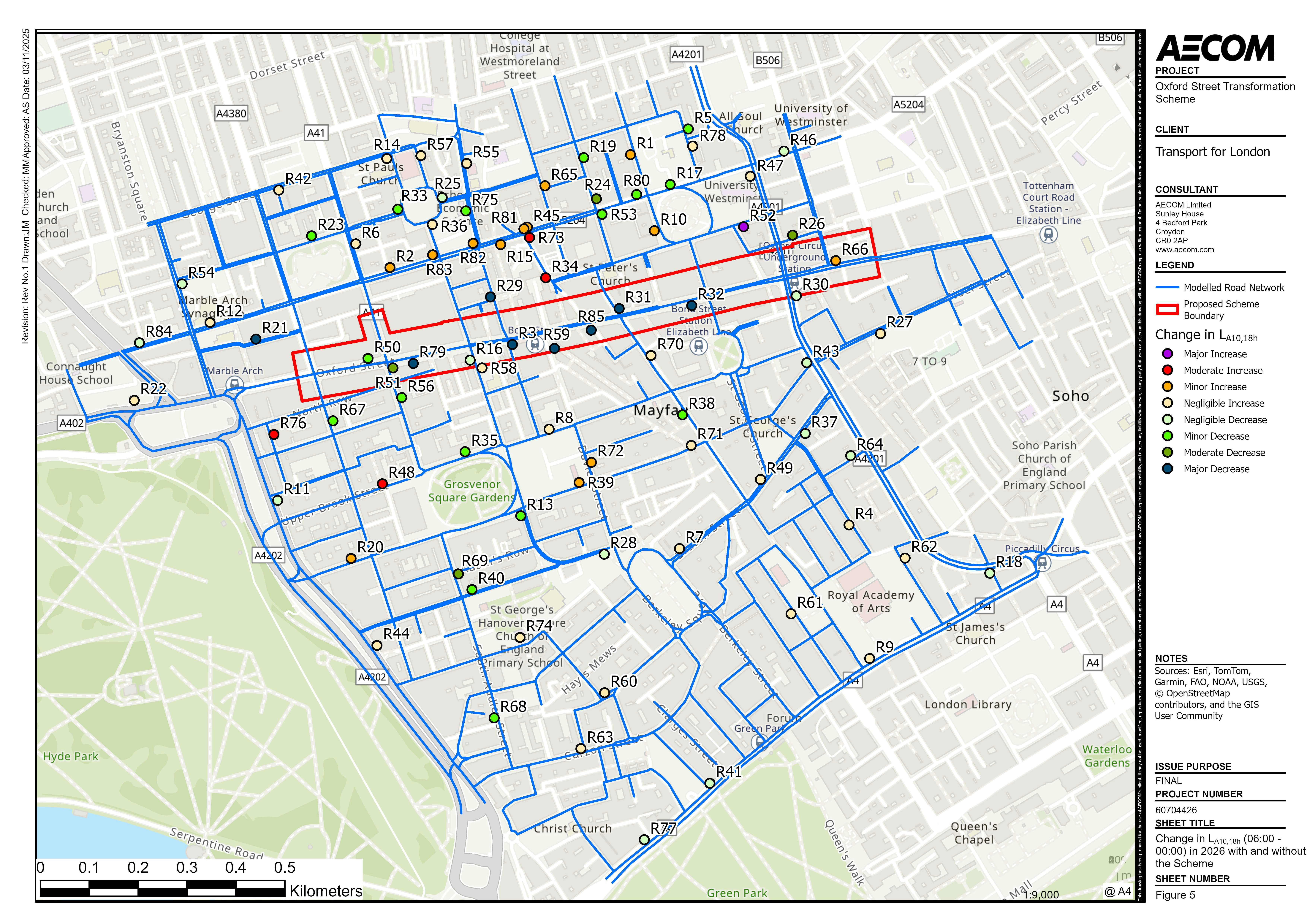 Map showing changes in noise levels with and without the scheme between 06:00-00:00 hours