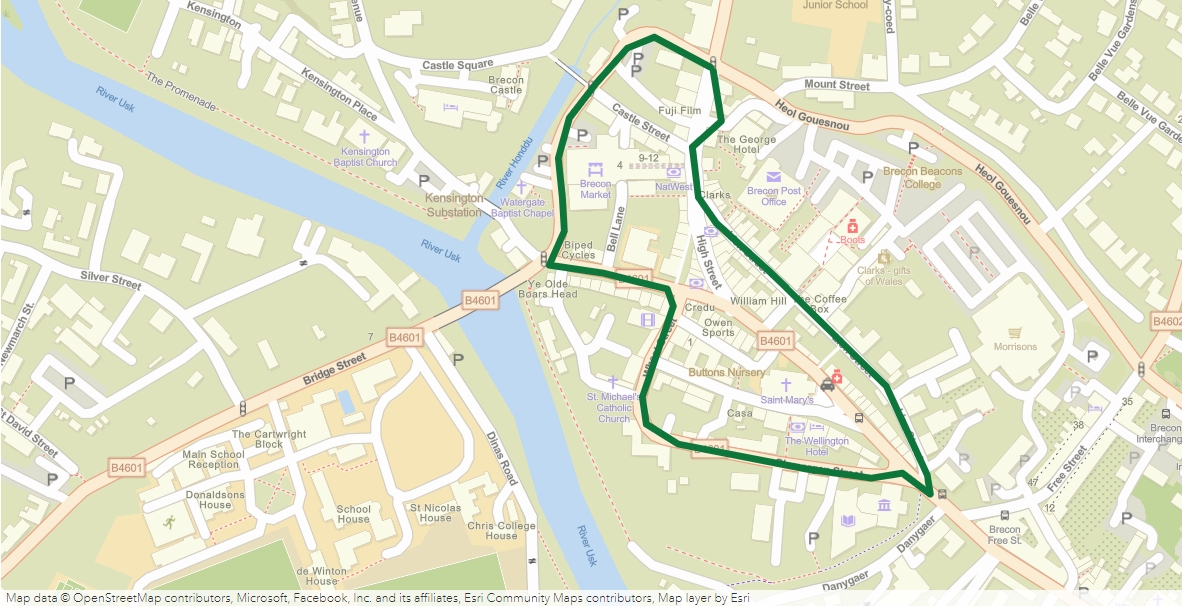 A map of Brecon highlighting the streets on the list