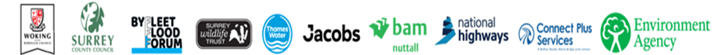 This Image shows the following logos: Woking Council, Surrey County Council, Byfleet flood forum, Surrey wildlife trust, Thames water, Jacobs, Bam nuttall, National Highways, Connect Plus, Environment Agency.
