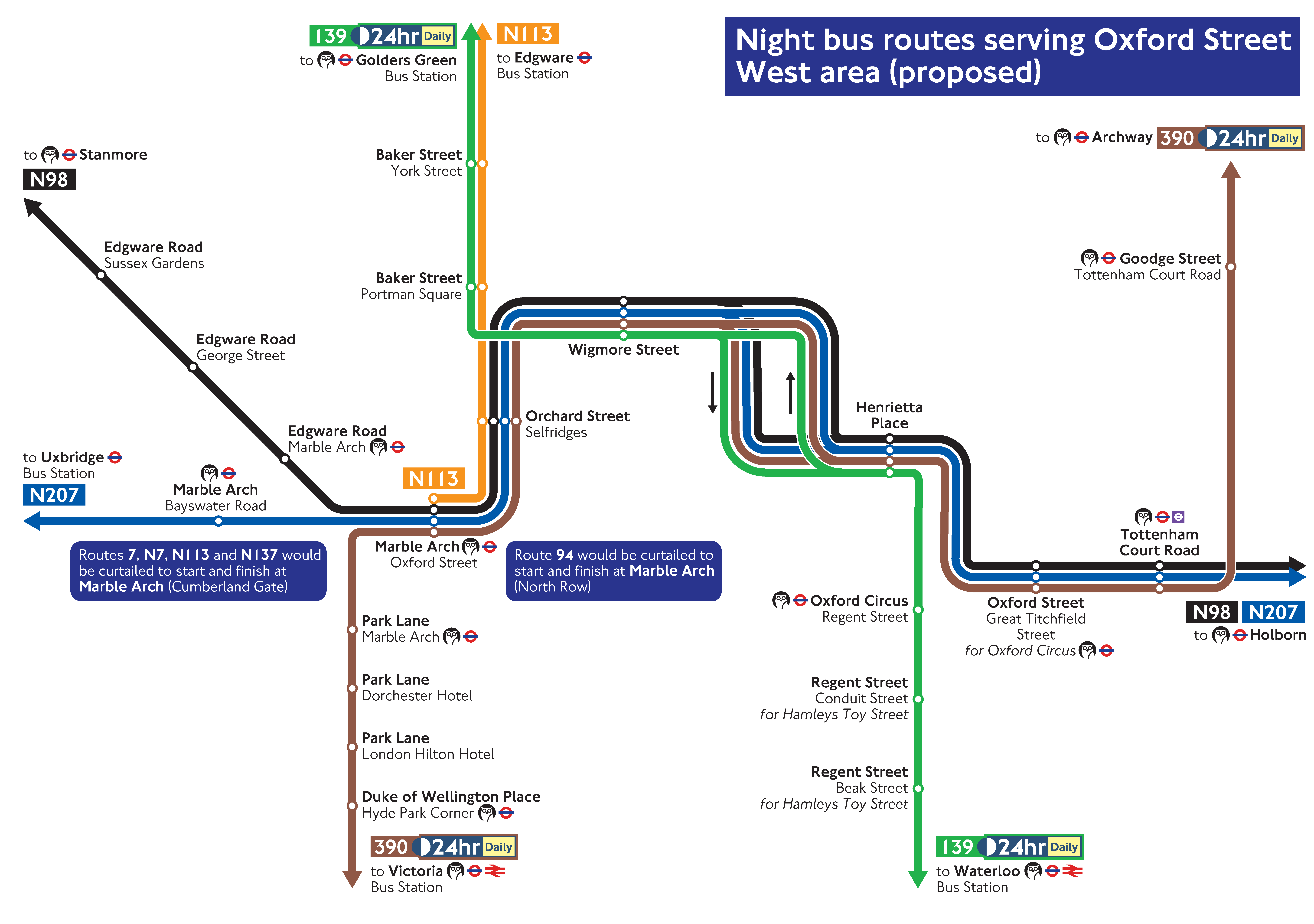 Network map showing proposed night bus routes serving Oxford Street West