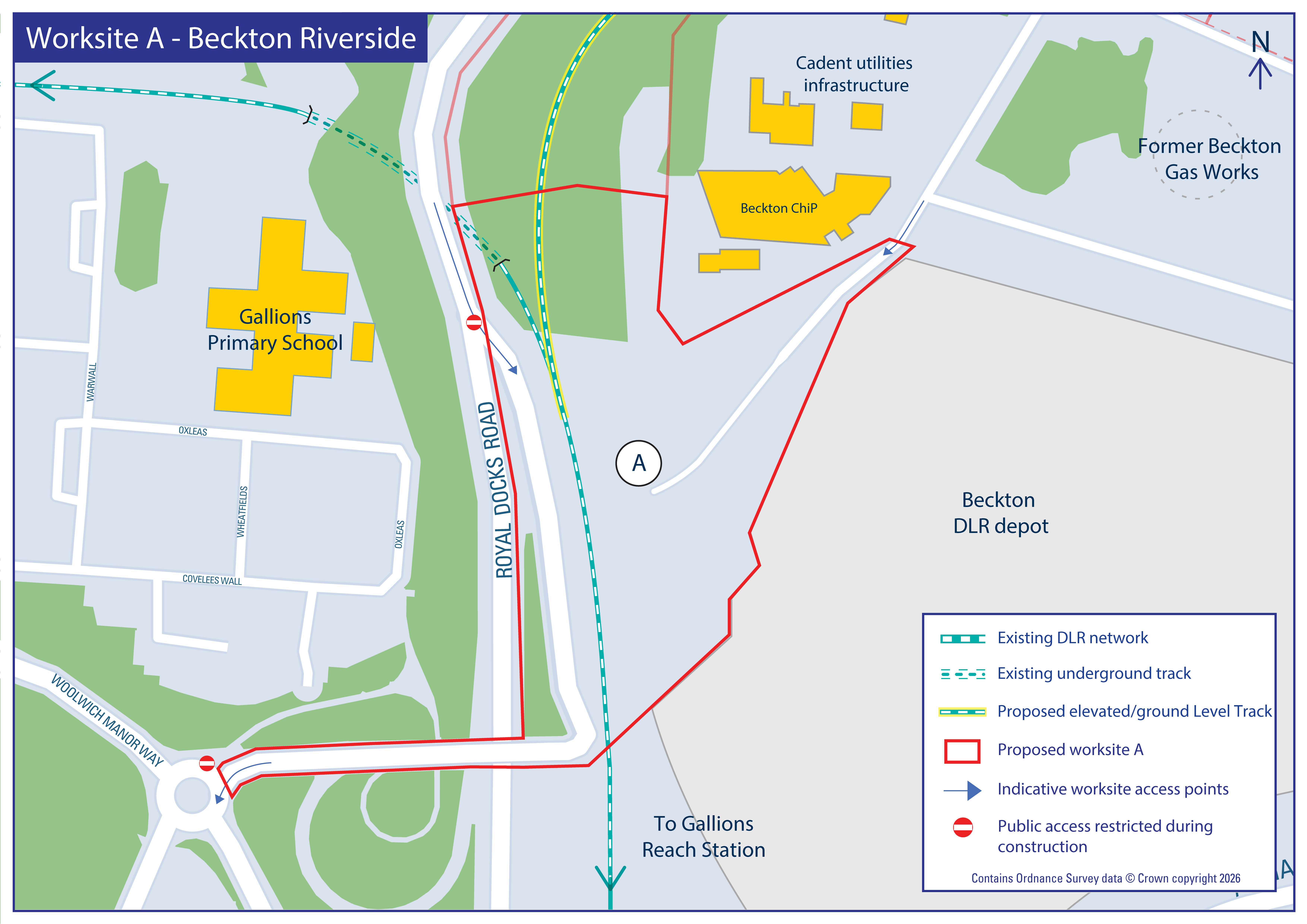 Map showing proposed Worksite A and DLR routes near Royal Docks Road