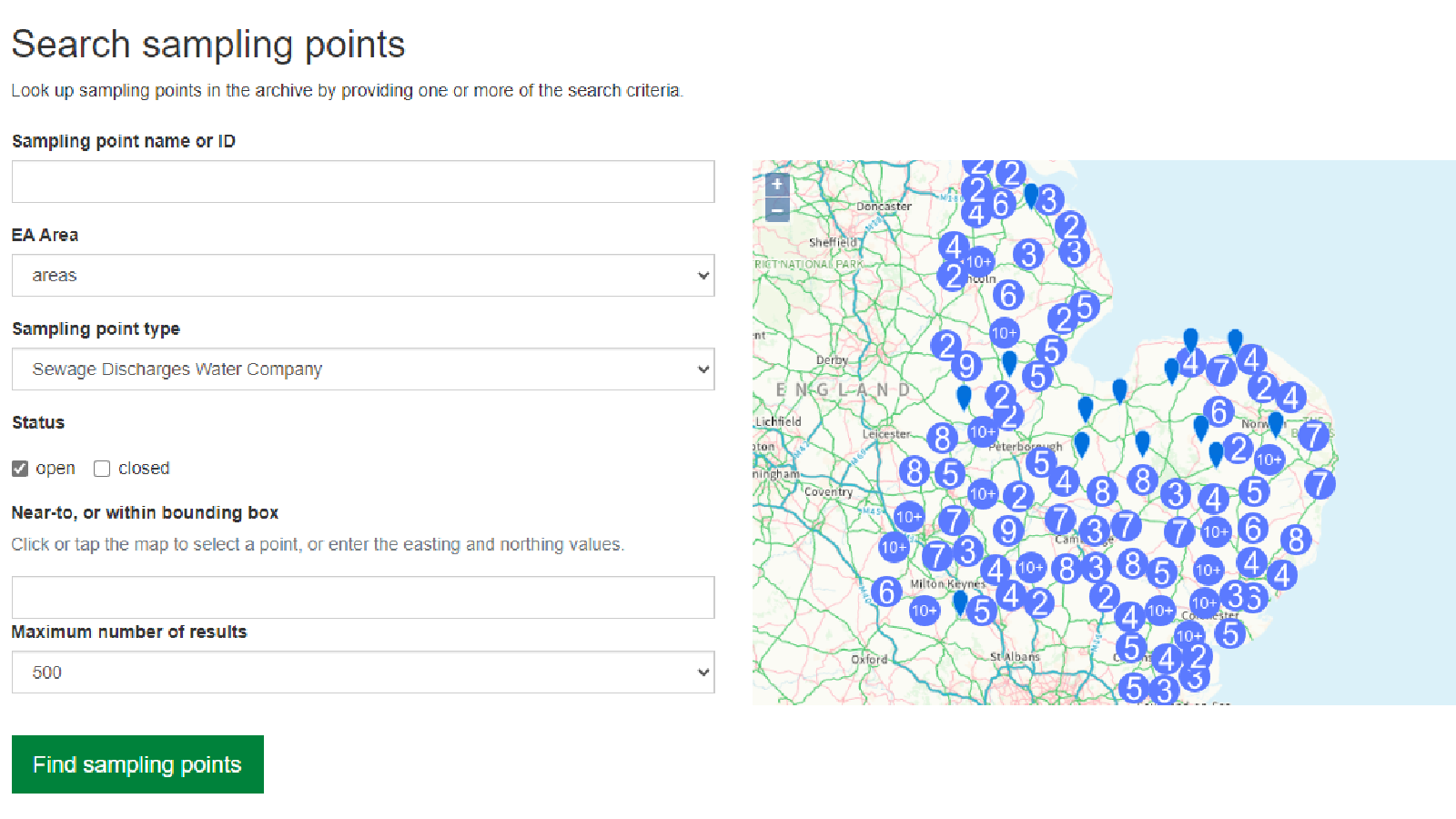 A web interface displaying a map with blue markers for sewage discharge sampling points and search filters for data retrieval.