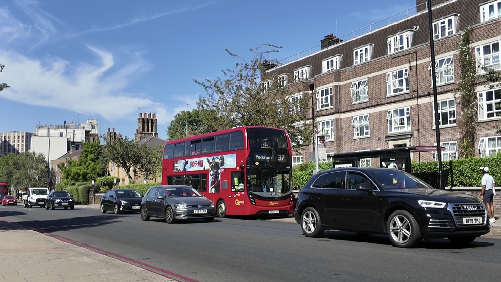 Fairfield street bus stop with bus 37, cars and pedestrians