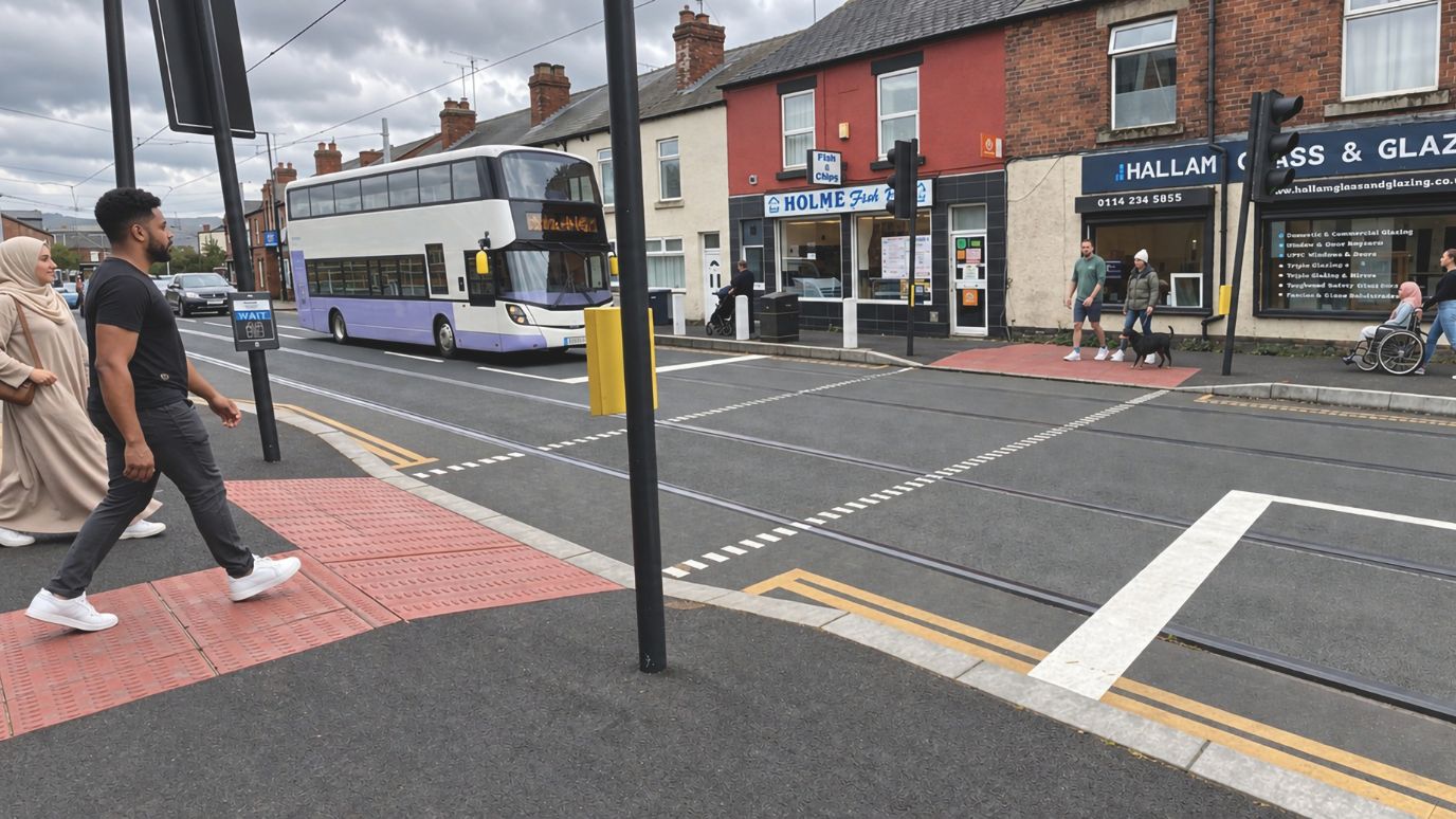 Artist impression of a crossing on Holme Lane. A pedestrian crossing across a main road with tram tracks. There are people approaching the crossing, red paving and traffic lights. A bus approaches the crossing on the road too. Shops can be seen in the background. 
