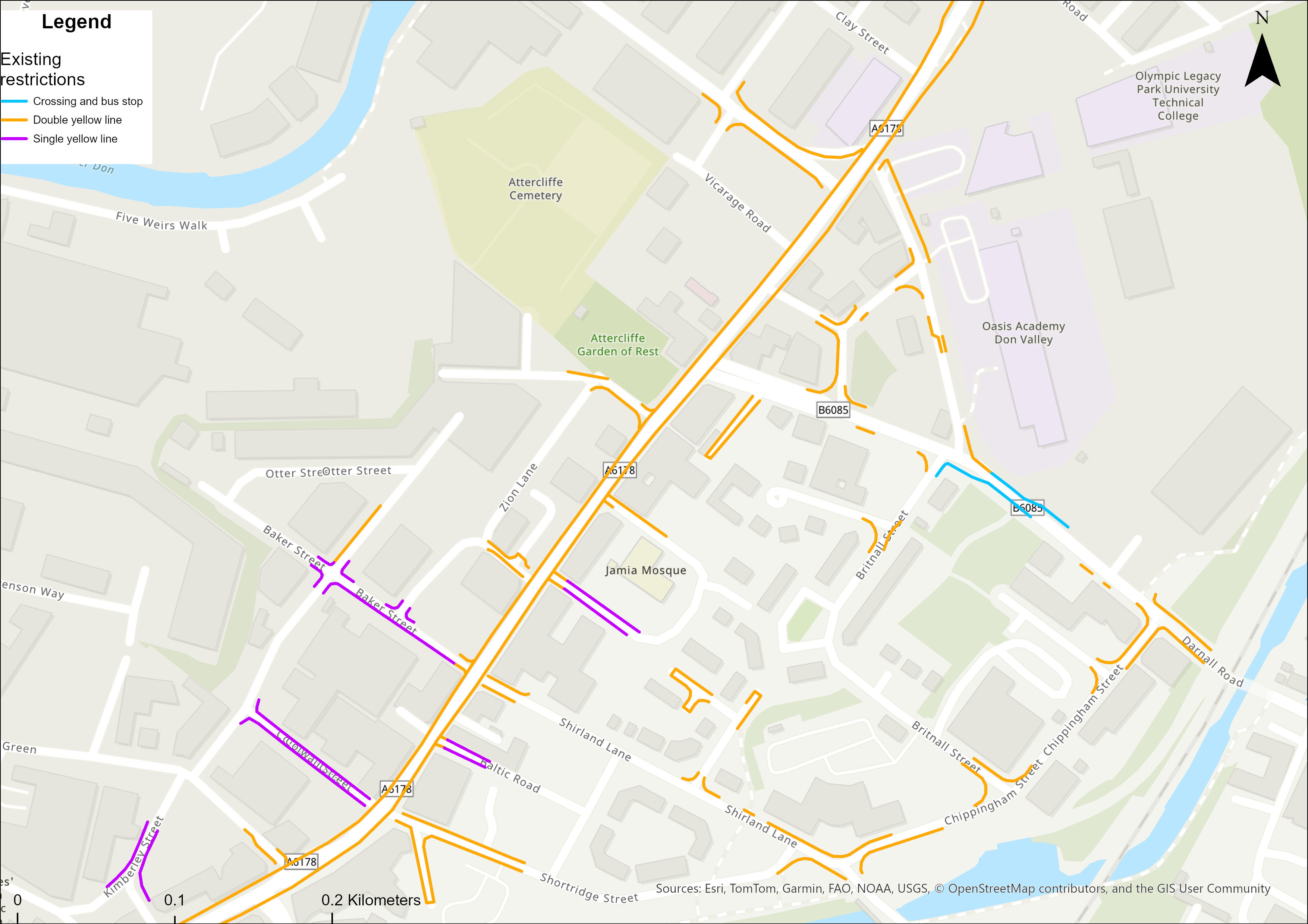 Map showing existing parking and waiting restrictions in the Attercliffe Road area between Staniforth Road and Worksop Road. Existing restrictions include double yellow lines, single yellow lines and bus stop restrictions on streets such as Baker Street, Baltic Road, Shirland Lane, Zion Lane, Chippingham Place, Bodmin Street and Brinsworth Street.